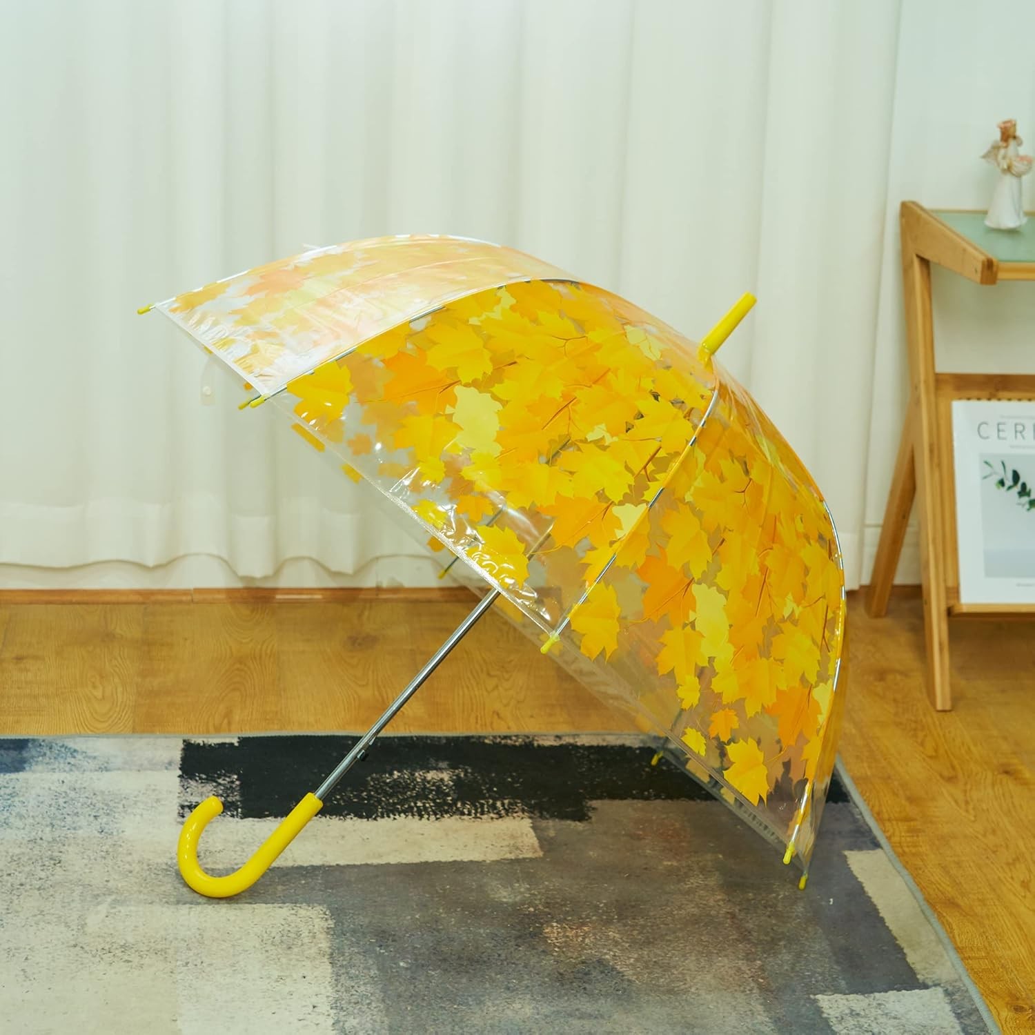 ThreeH Clear Dome Bubble Umbrella with Leaves Automatic Switch Long Handle Strai