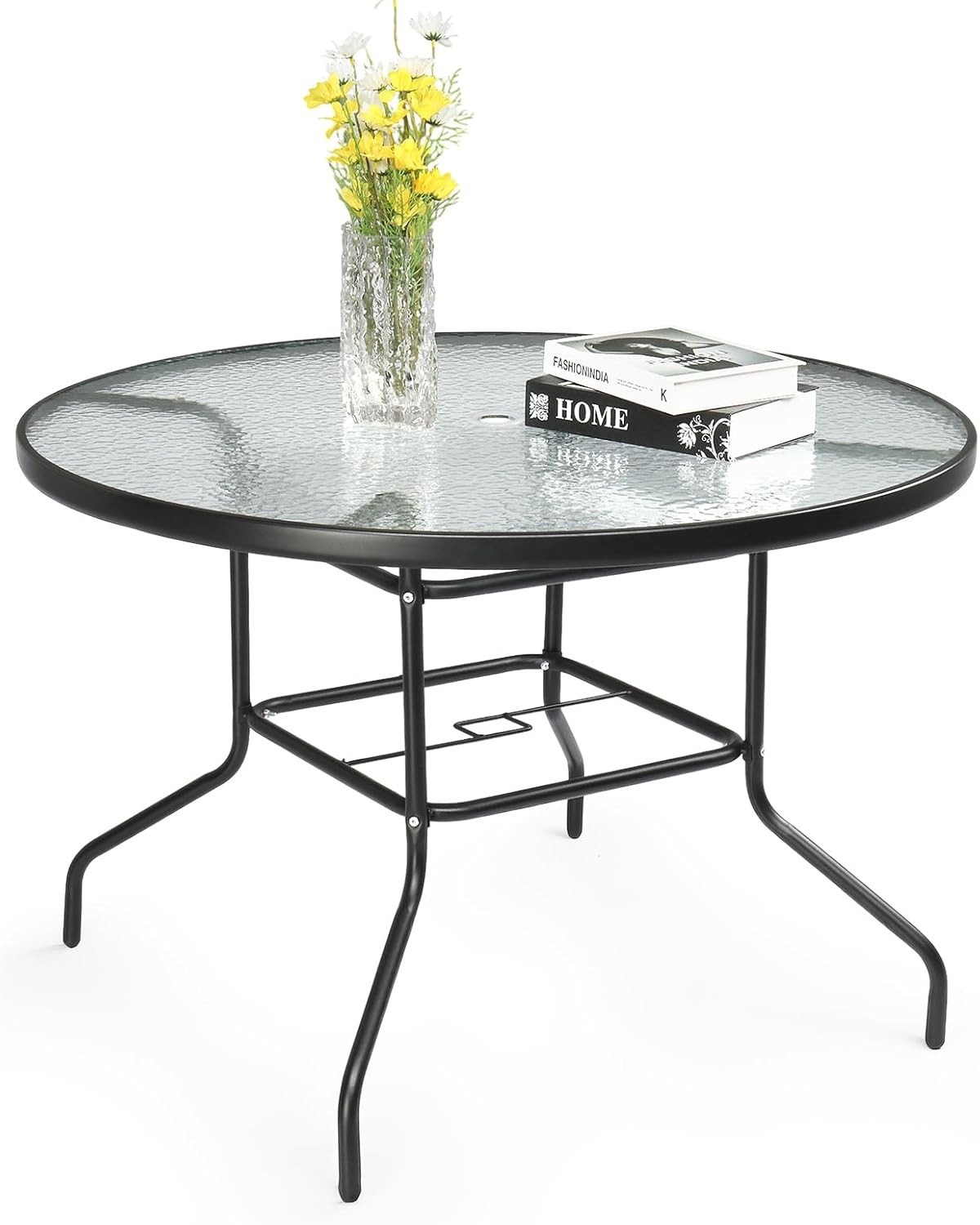 40'' Outdoor Dining Table with Umbrella Hole, All Weather Round Patio Table,