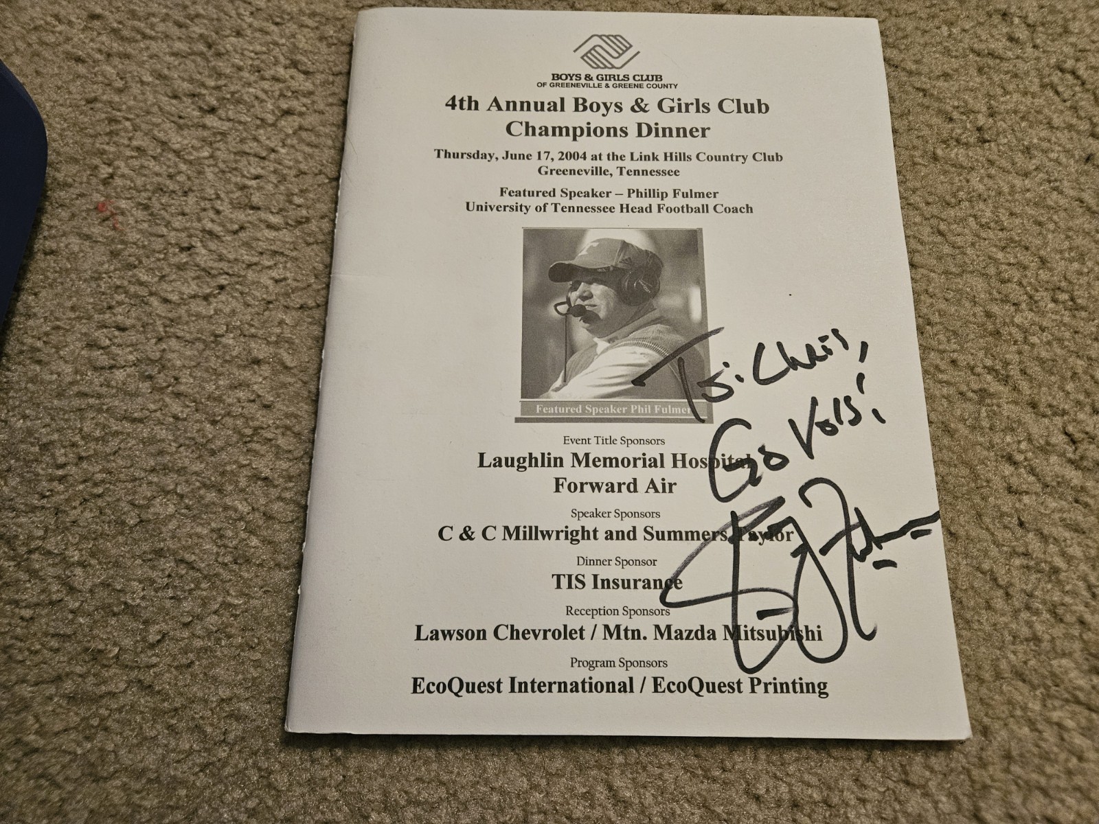 Phillip Fulmer Signed Tennessee Volunteers 4th Annual Boys Girls Club Program