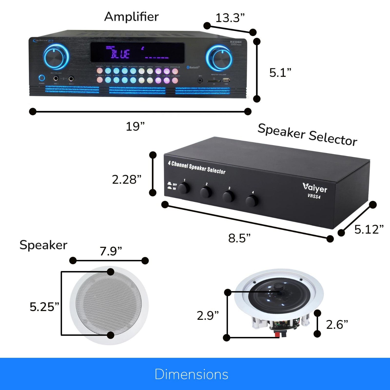 Home Theatre System Kit 2000W Bluetooth Amplifier w/8qty ×5.25" Ceiling Speakers