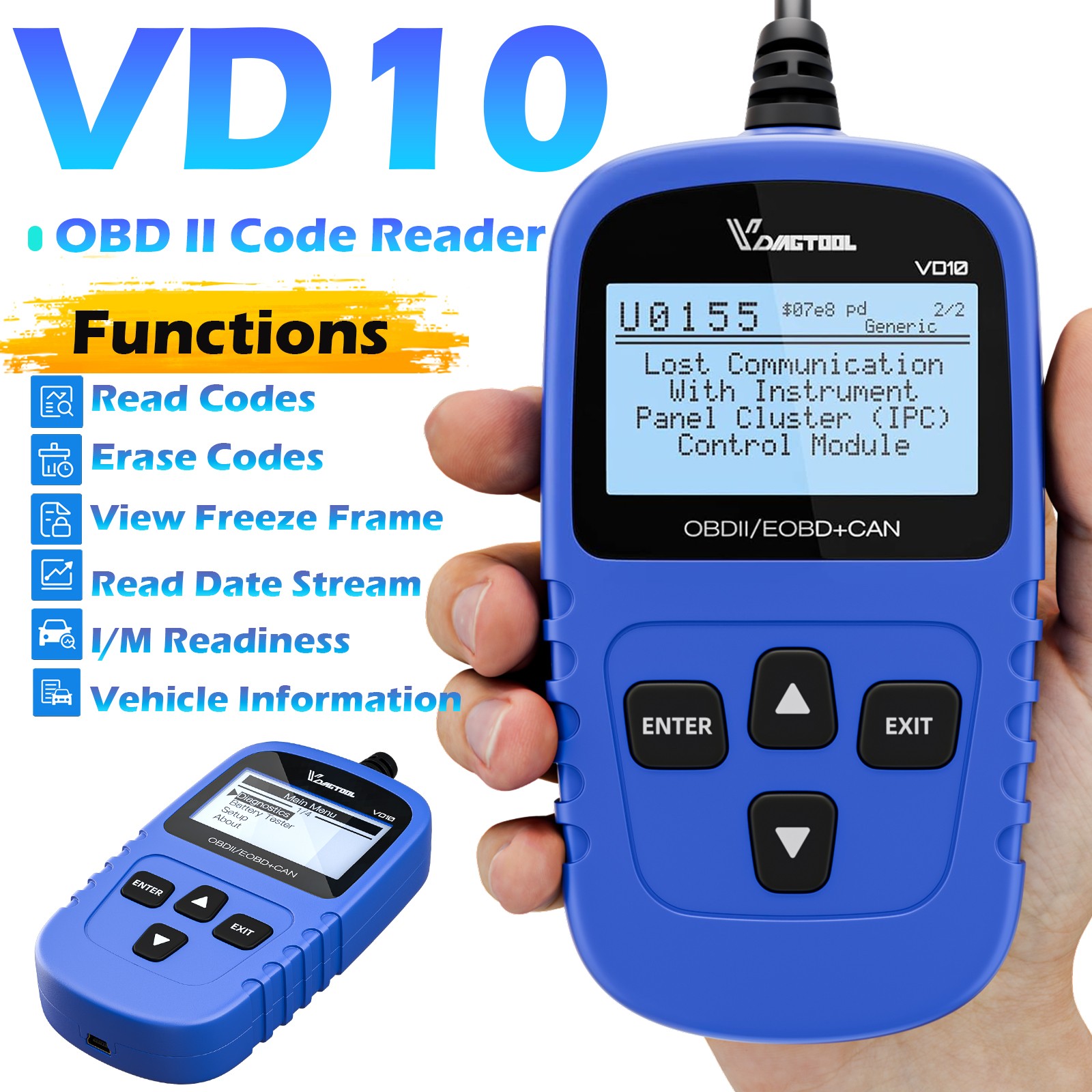 2026 VDIAGTOOL VD10 OBD2 Scanner Fault Code Reader Live Data Diagnostic Tool I/M