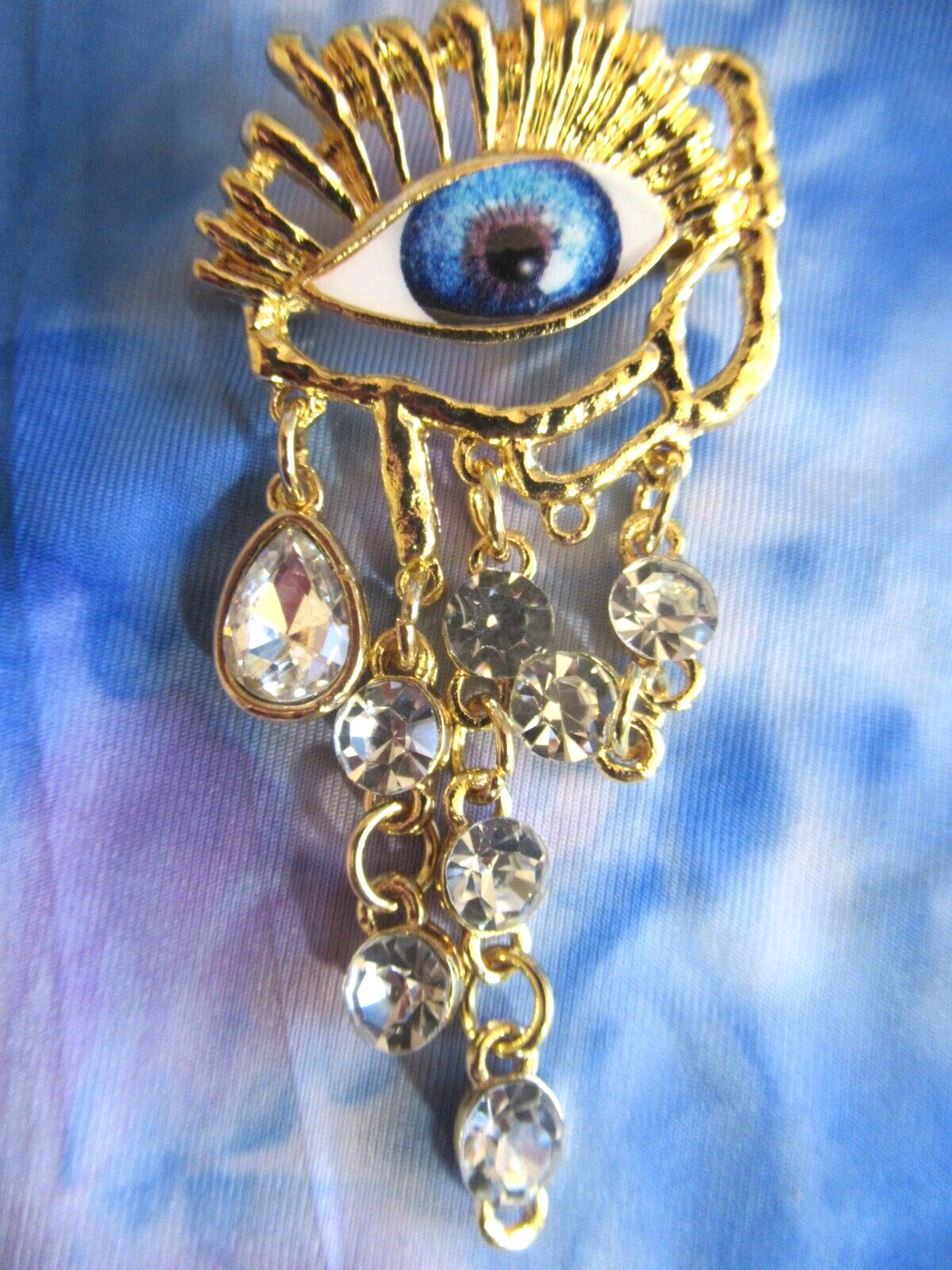 Beautiful! 2.5" BLUE EYE w/ DANGLE TEAR DROP TASSEL RHINESTONE/ GOLD BROOCH PIN