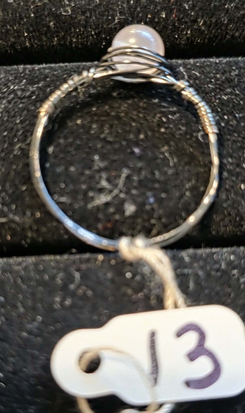 Handmade size 13 wire-wrapped Rose Quartz rings with hematite colored wire