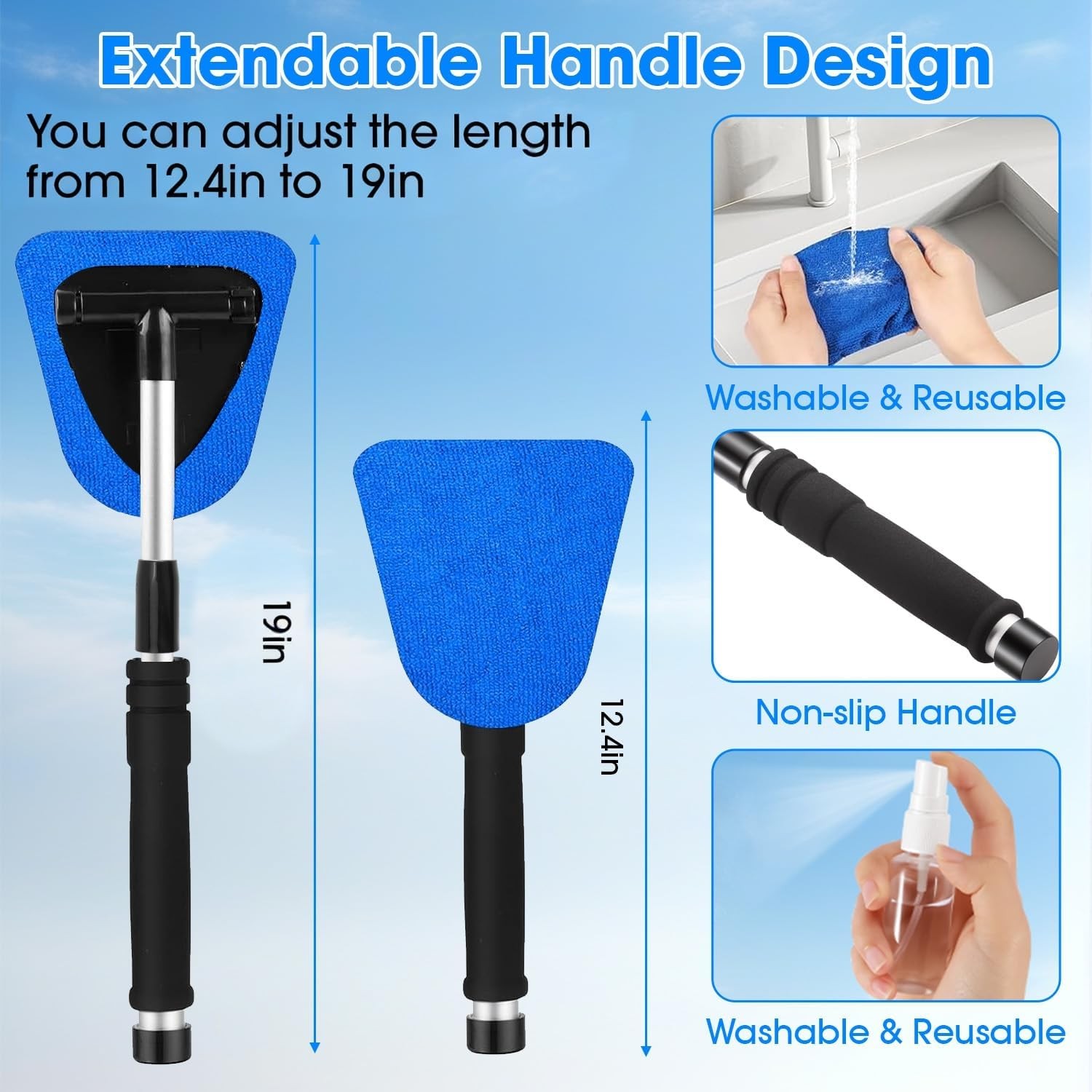 Windshield Cleaner Tool, Car Interior Cleaning Kit with Extendable Handle and 3