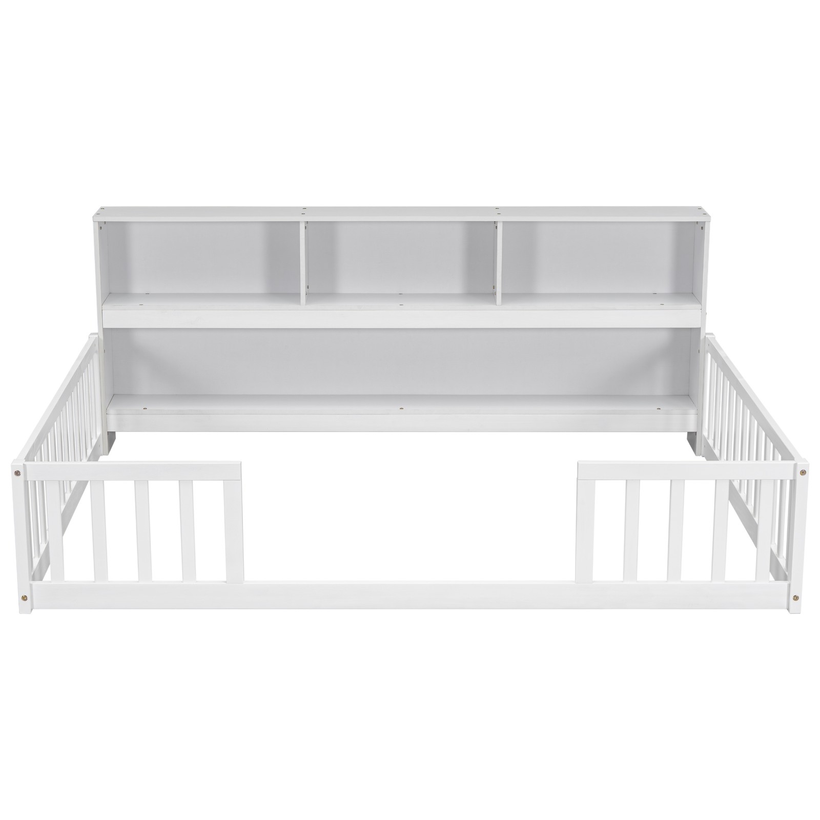 Full Size Floor Bed w/ Bookcase & Guardrails, White, Sturdy Pine Frame