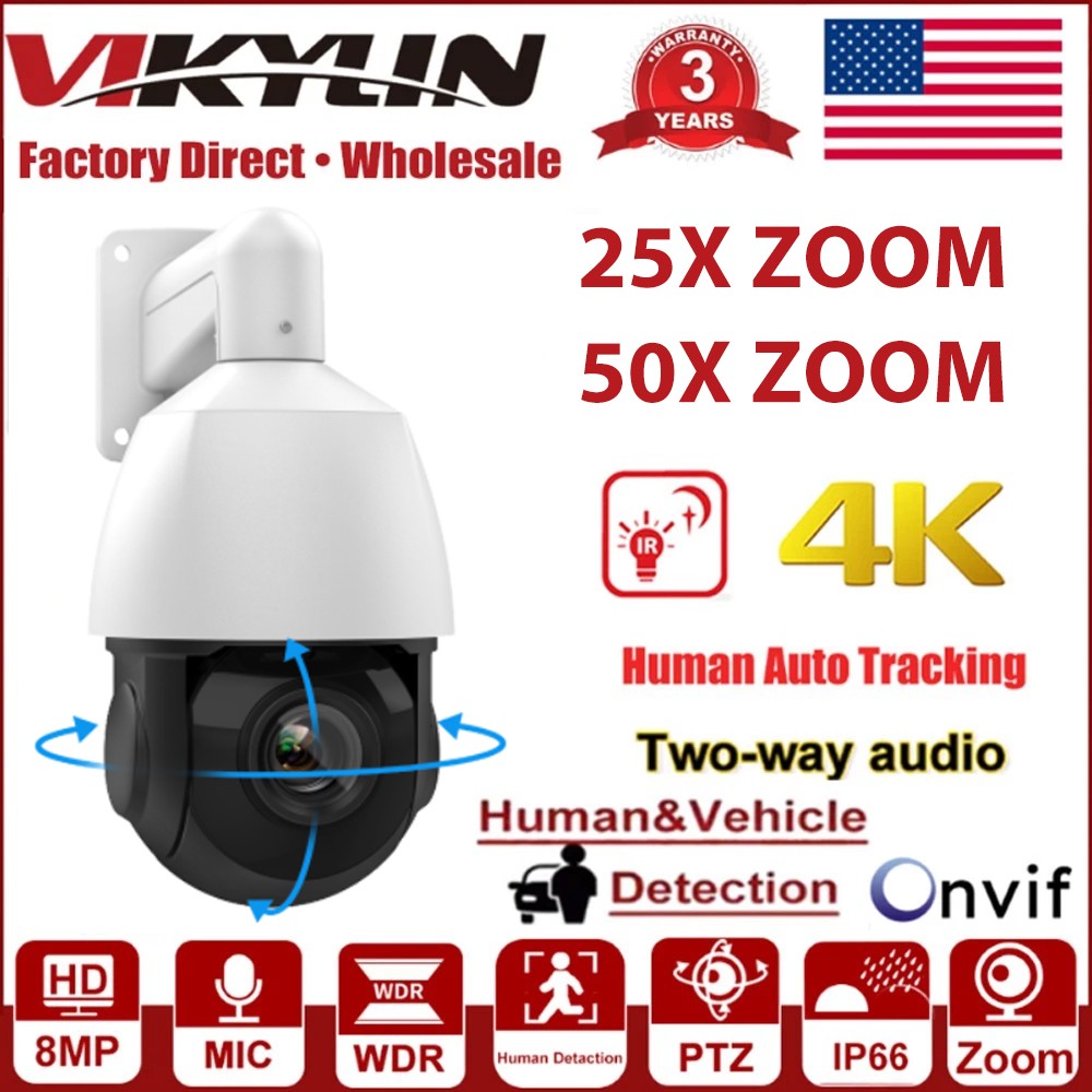 Vikylin 4K 5/8MP 360° 25/50x Zoom PTZ Camera IR POE 2 Way Audio Auto Tracking