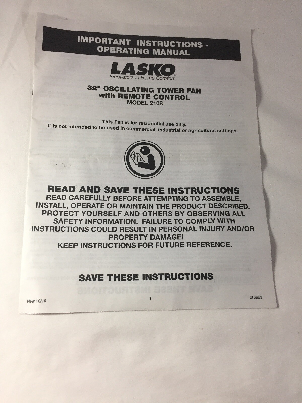 Lasko 32" ~ Oscillating Tower Fan Remote Model 2108 Operating Manual (Eng-Span)