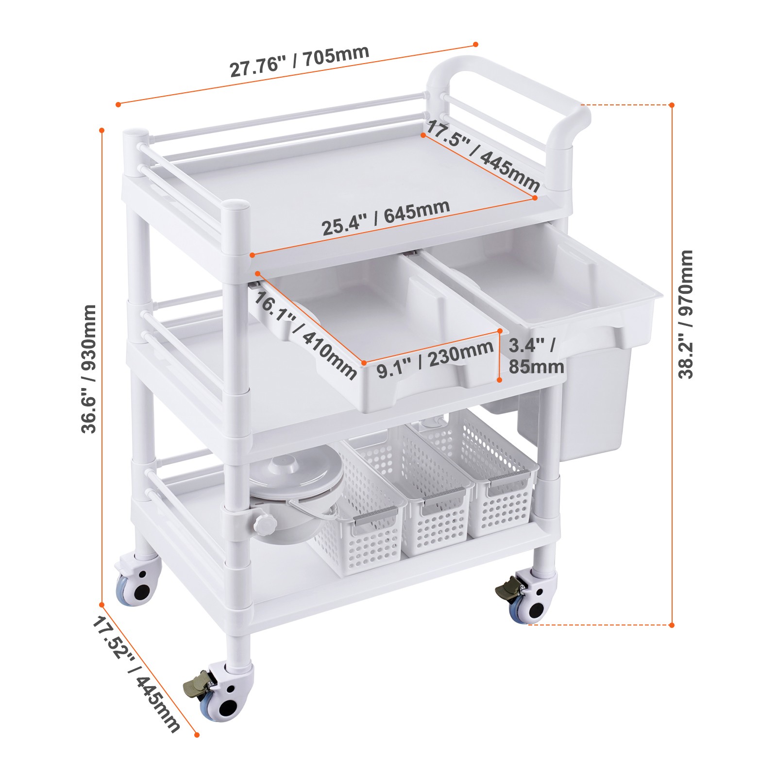 Rolling Lab Cart with 3 Trays & Trash Cans, Mobile Storage Trolley