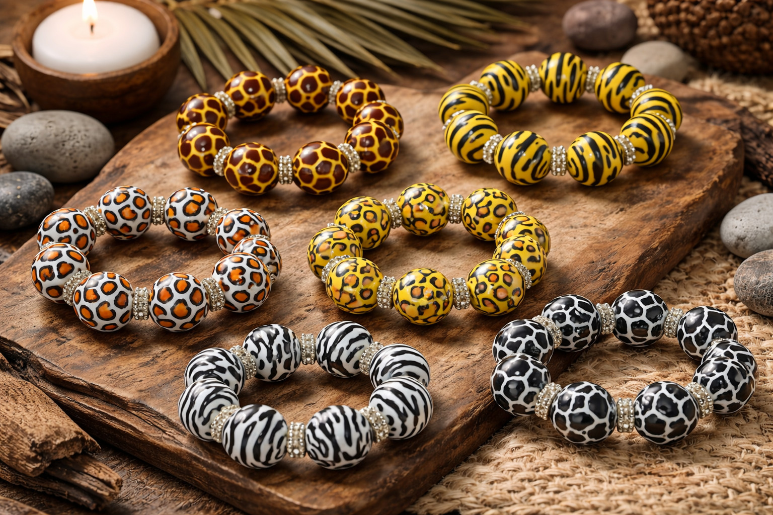 Safari Bracelet Lot  Animal Print Tiger Giraffe Chunky Beaded Bracelet 6 pc