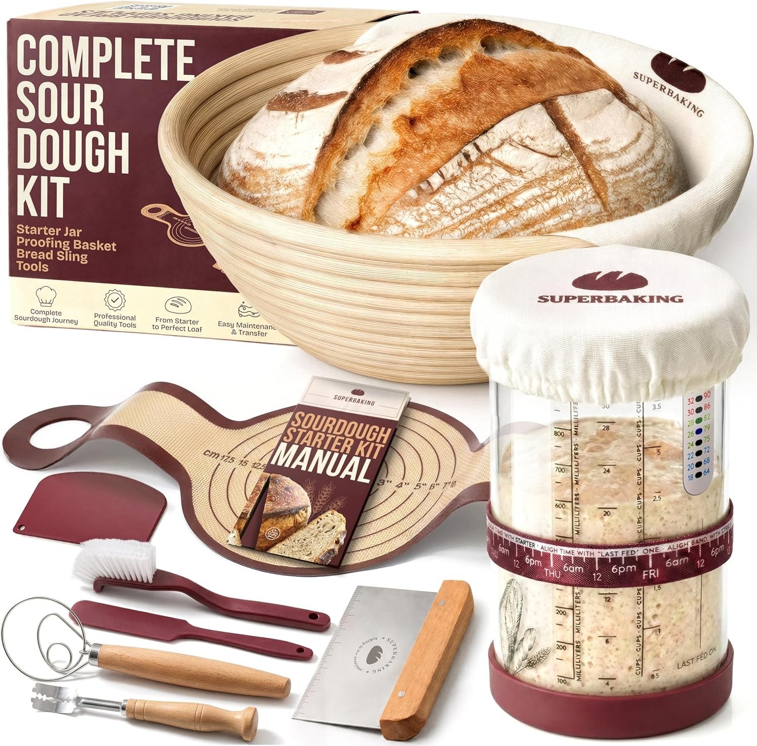 Sourdough Baking Essentials: 9" Splinter-Free Banneton with Starter Jar & Guide