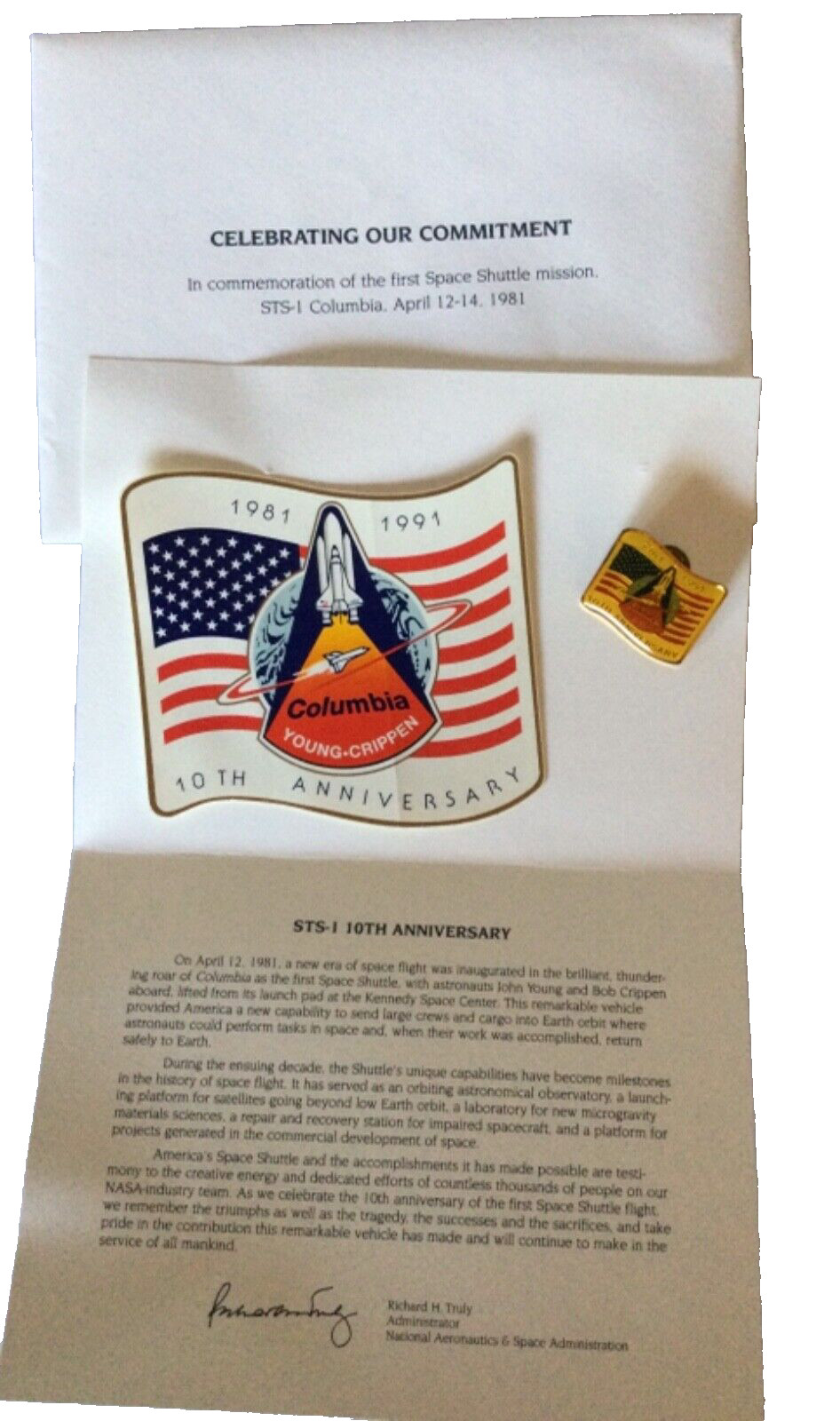NASA Space Shuttle COLUMBIA 10th ANNIVERSARY Young Crippen Pin & 4 inch Sticker
