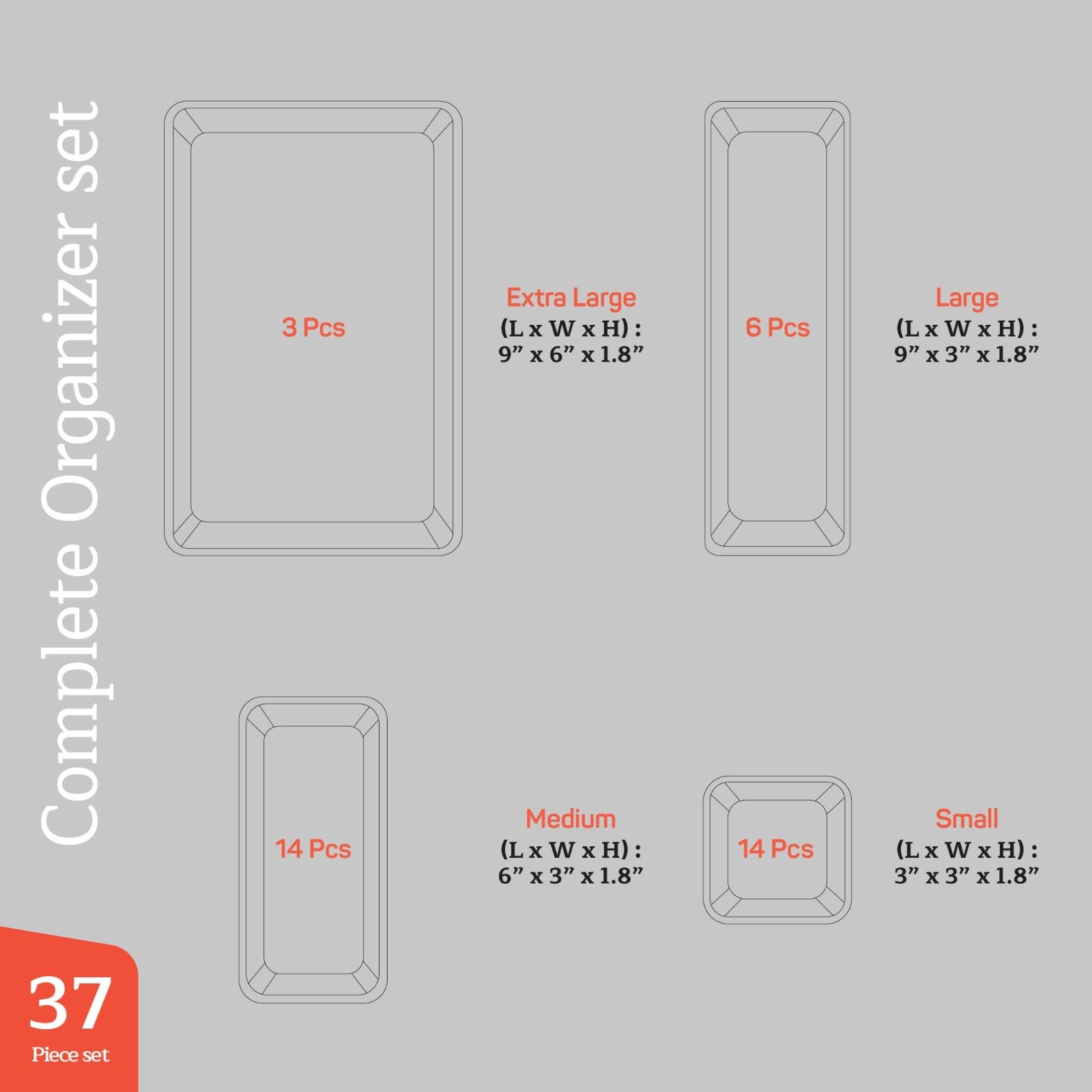 Emporio 37PC Clear Drawer Organizer Set Stackable StorageTray for Kitchen Office