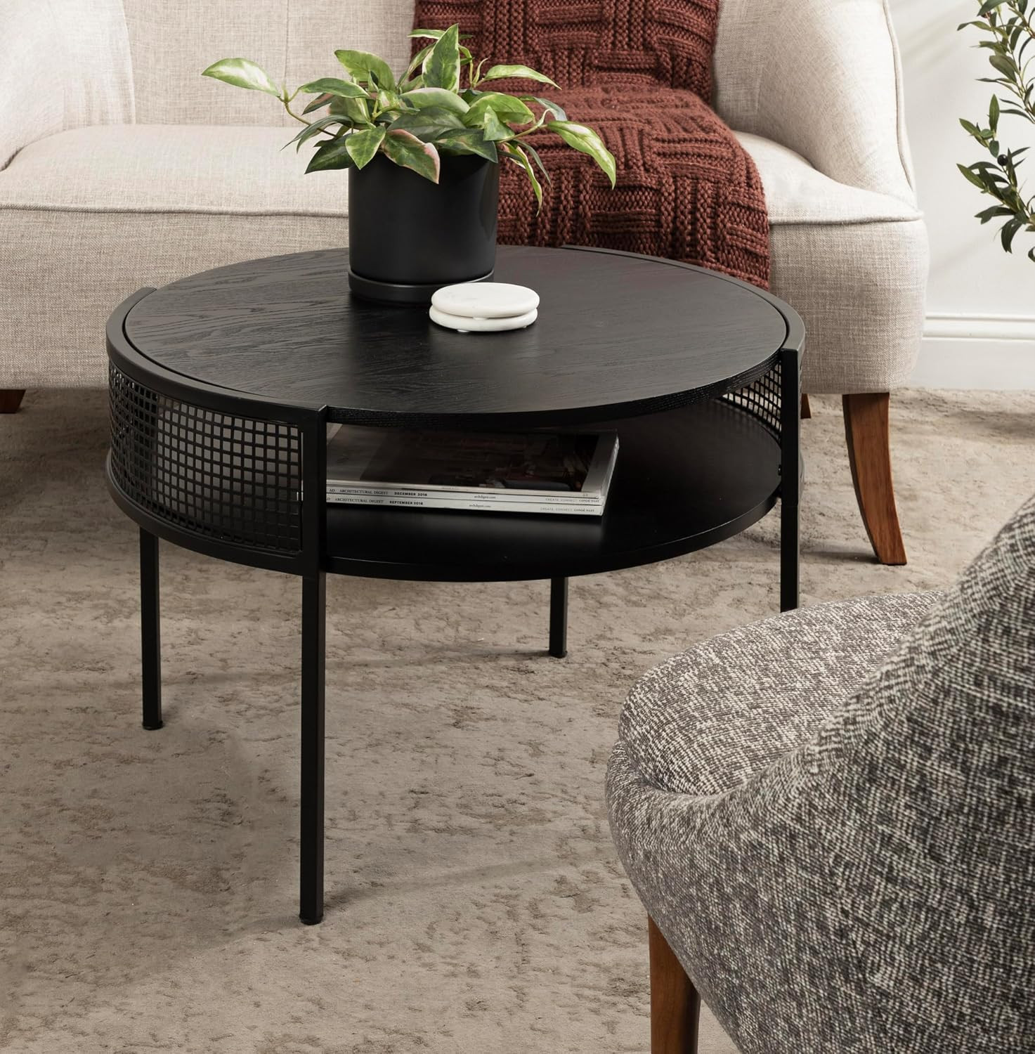 Urso Modern Tiered round Coffee Table, 26 X 25 X 18, Black, Transitional Two-Tie