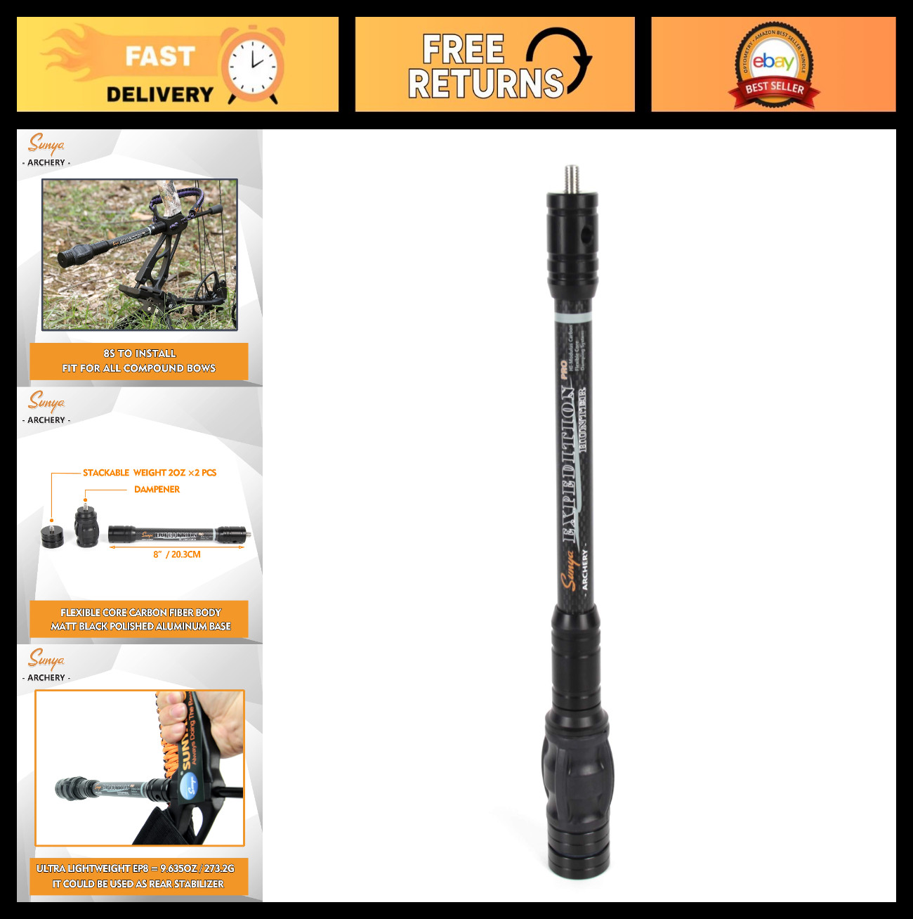 Archery Bow Stabilizer for Compound Bows, Carbon Fiber, Damping System, 8"-15
