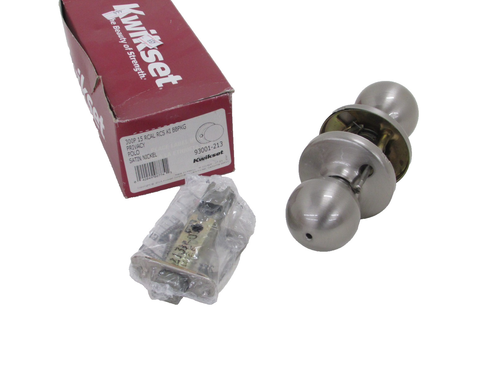 NOS! KWIKSET 300P PRIVACY DOOR LOCKSET, POLO, SATIN NICKEL, 93001-213