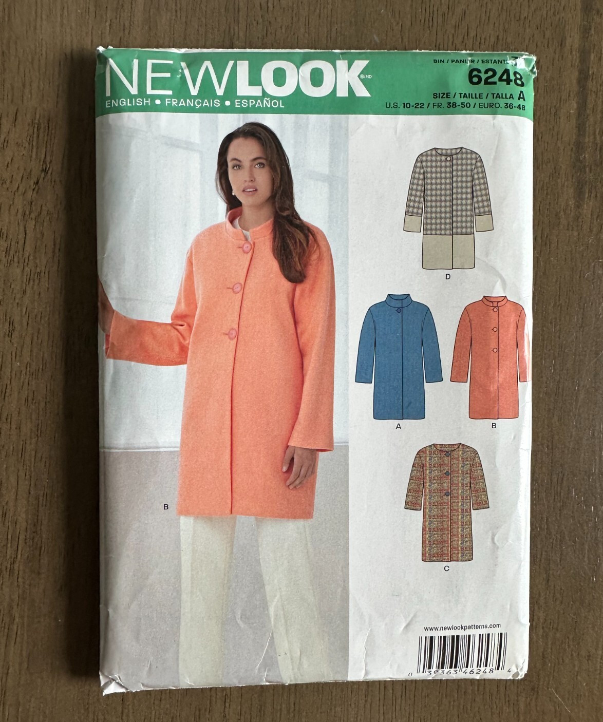 New Look 6248 Car Coat w Raised or Ring Collar, Button Closure Sz 10-22 UNCUT