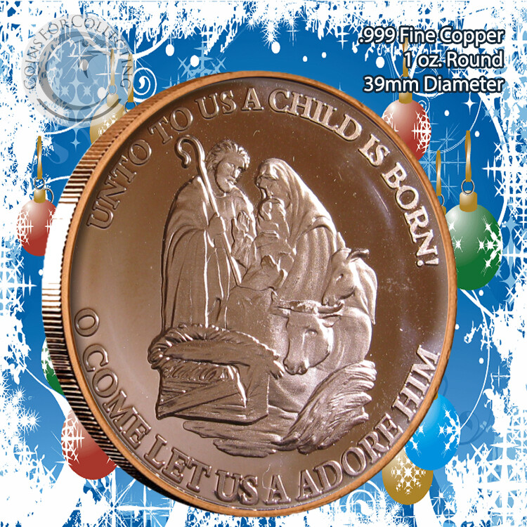 "Christmas Nativity II" Design 1oz .999 Copper round with Snowflake Back