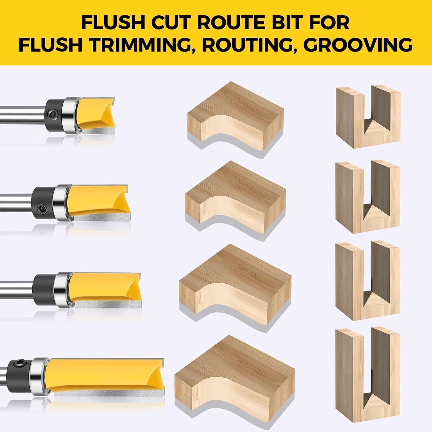 Junreox 4PCS Flush Trim Route Bit 1/4 Shank, Premium Pattern Cut Route...