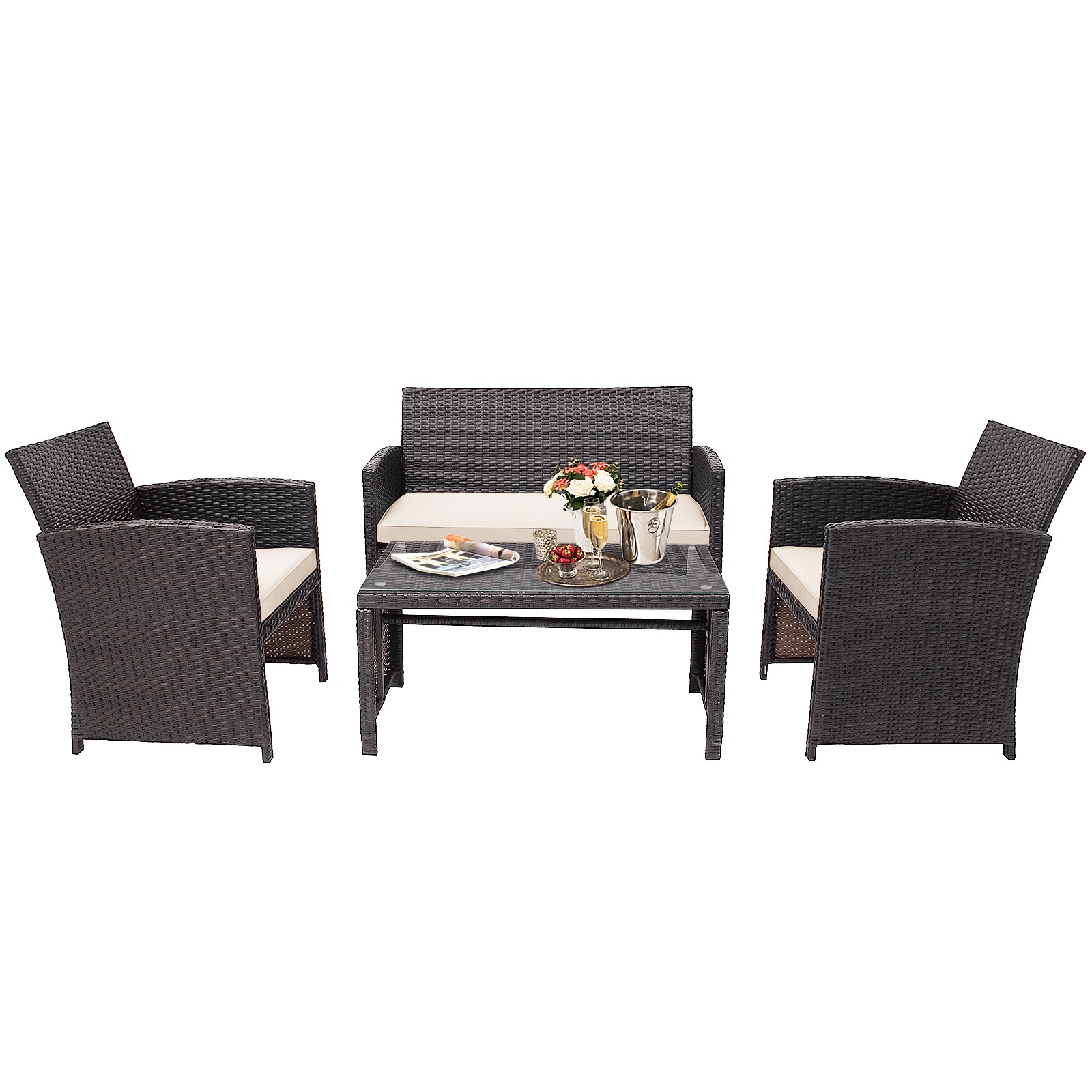 Topbuy 4 PCS Outdoor Patio Furniture Sets Rattan Sofas w/ Soft Cushion White