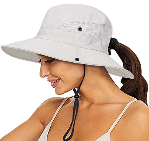 Women's Sun-Hat UV-Protection-Foldable Mesh Wide-Brim Medium-Large Beige