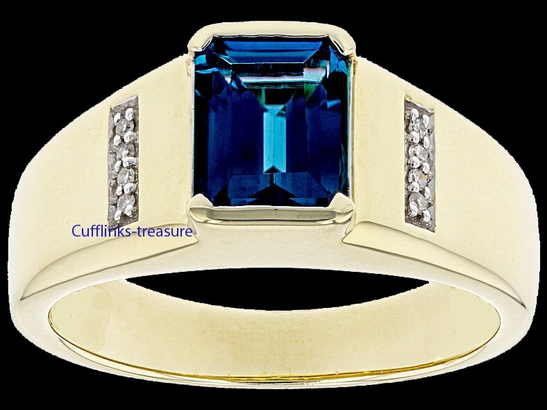 Natural London Blue topz & CZ Stones 925 Sterling Silver Gold Plated Ring #C9944