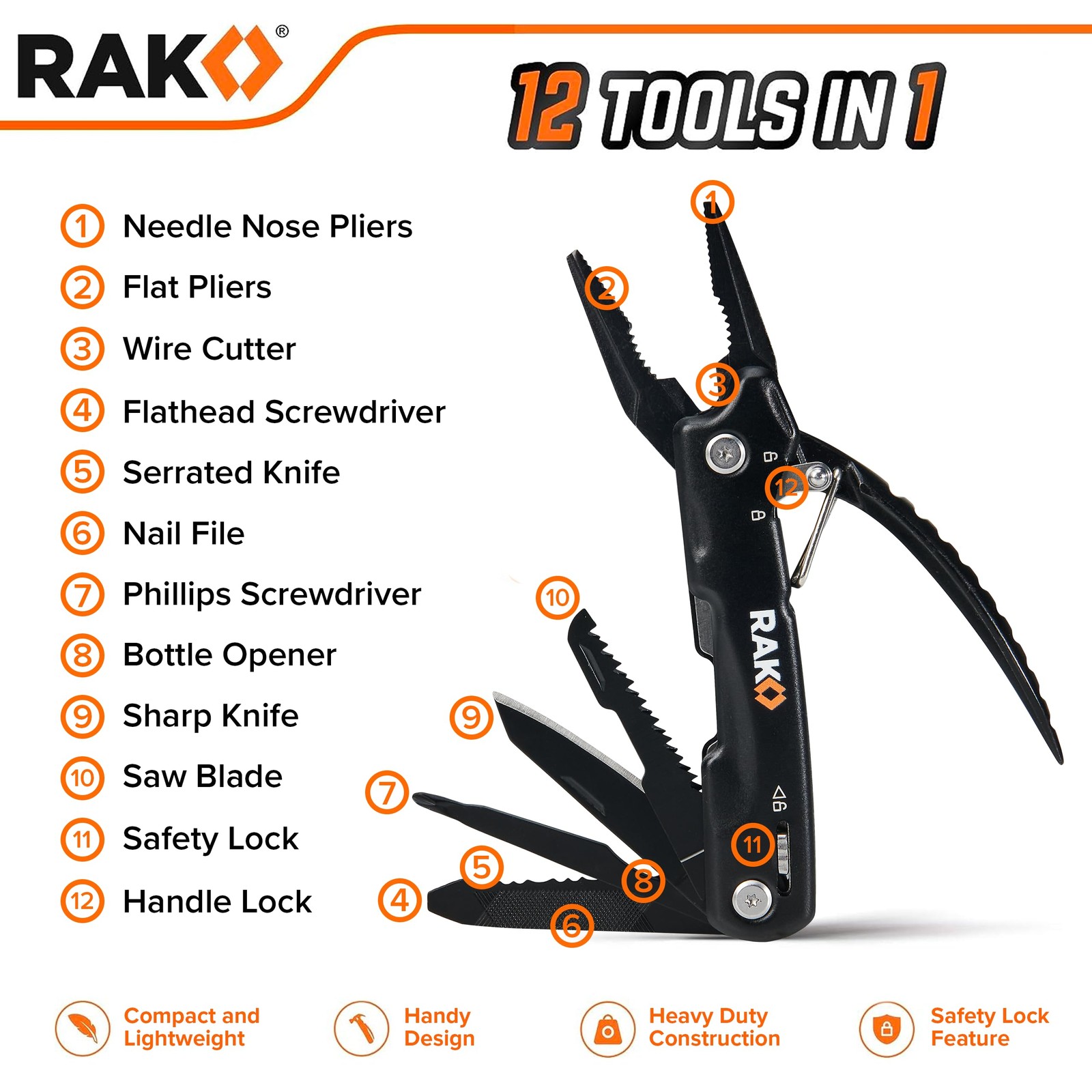 RAK Pro Tools Pliers Multitool - Cool Unique Pocket Size (1 count), Black