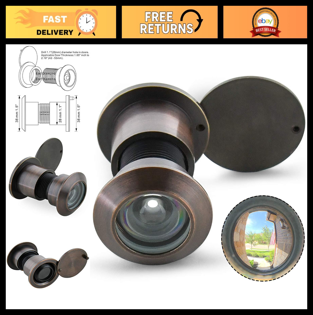 220-Degree Solid Brass Door Viewer Peephole with Privacy Cover for 1-2" Doors -