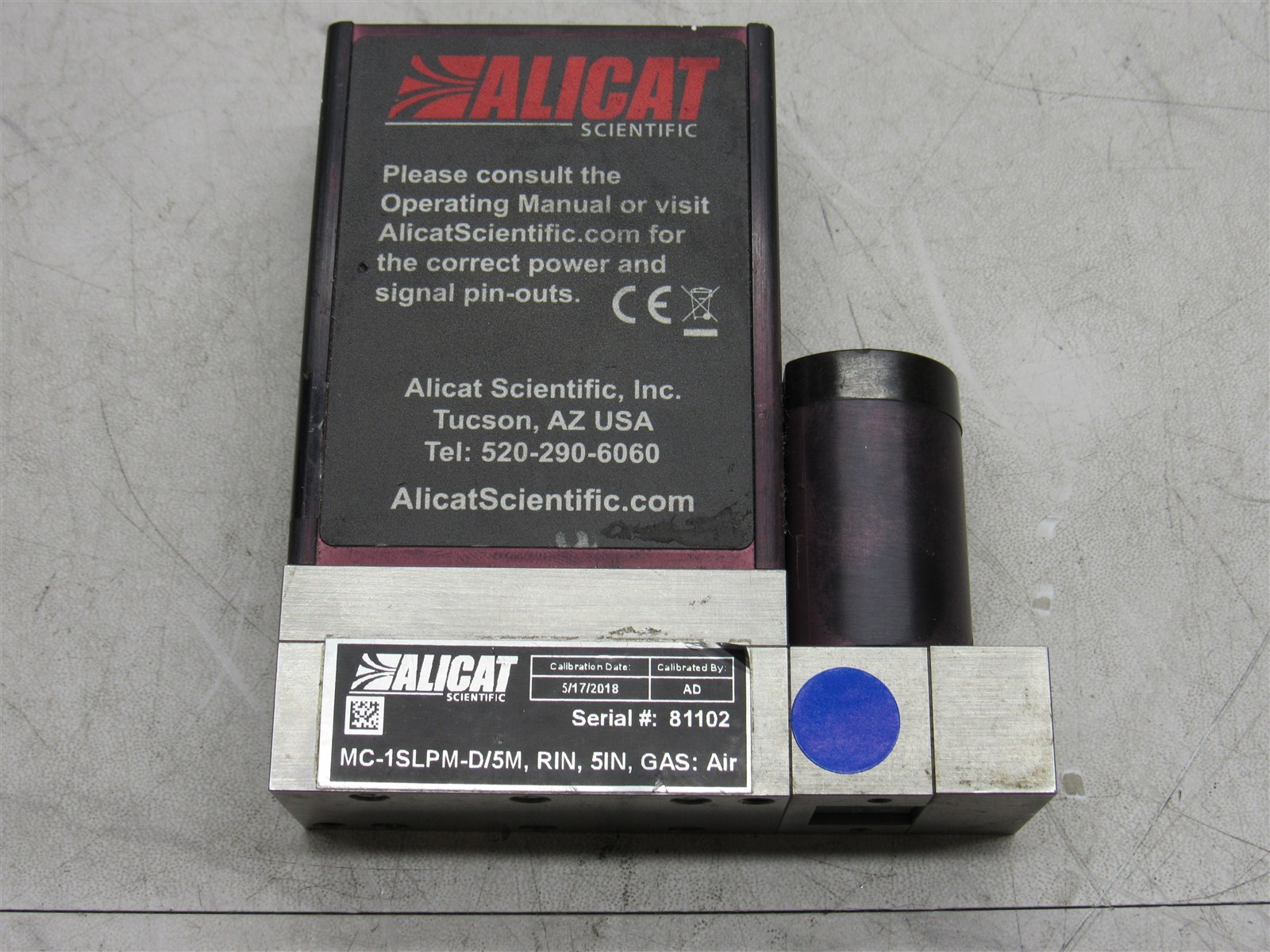 Alicat Scientific Mass Flow Controller MC-1SLPM-D/5M RIN 5in Gas Air + Adapter