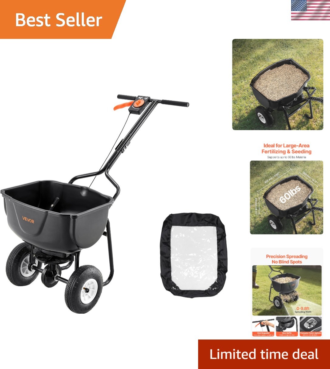 All-Terrain Walk Behind Fertilizer Spreader, 60lb Capacity, Compact Design