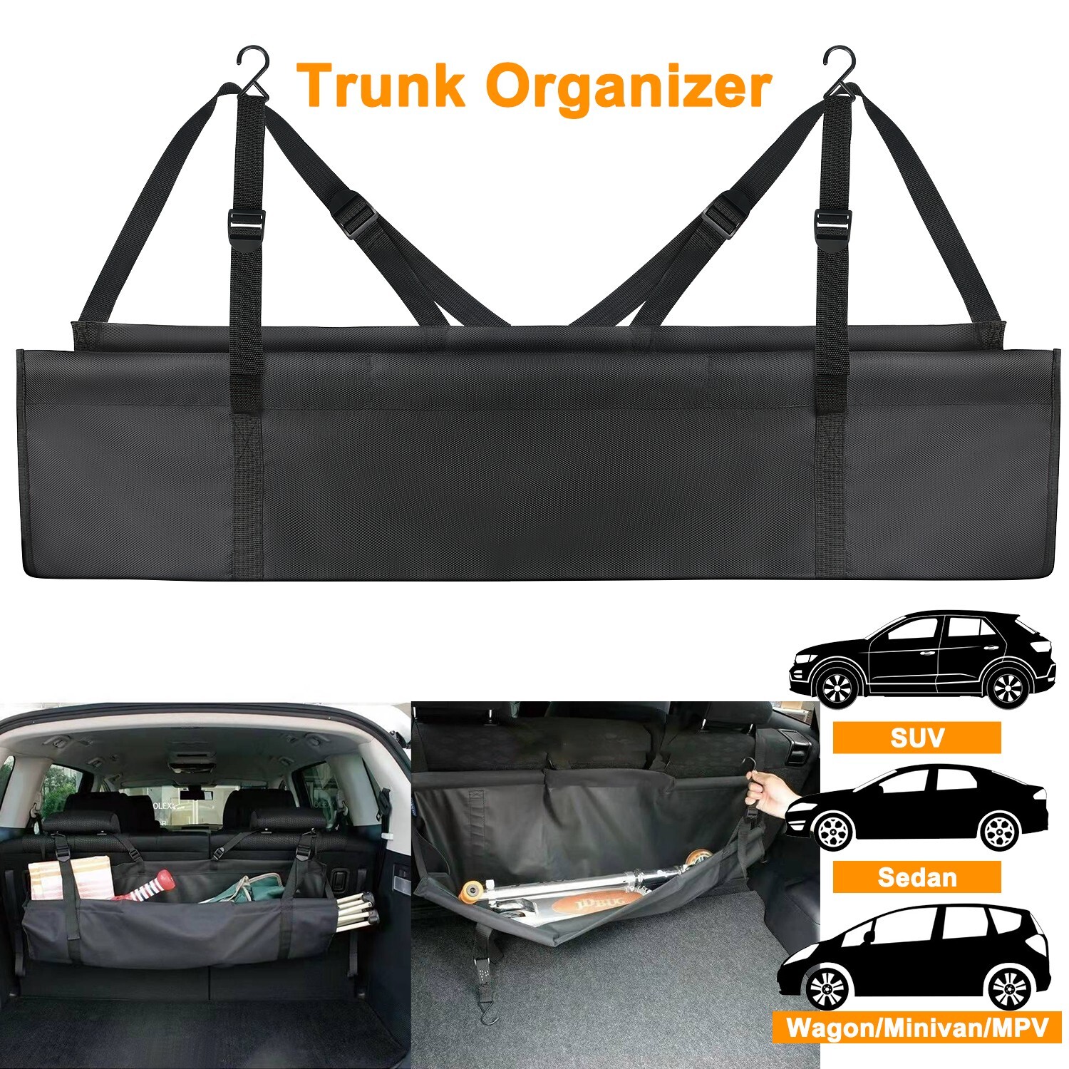 Black Car Trunk Organizer Accessories Back Seat Storage Bag Hanging 600D Oxford