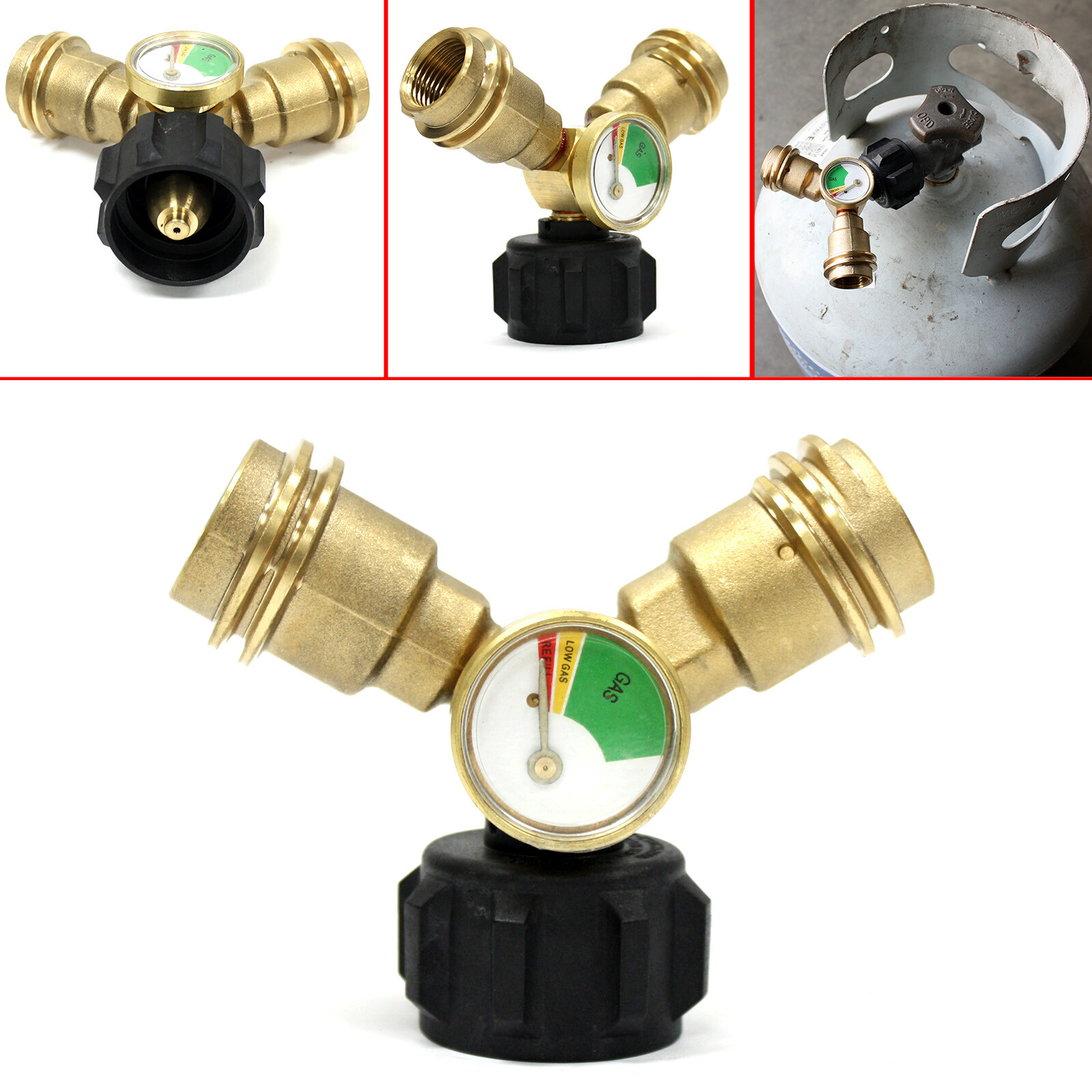 LP Propane Y Splitter Adapter Connector Tee w/ Tank Gauge Pressure Meter QQC1