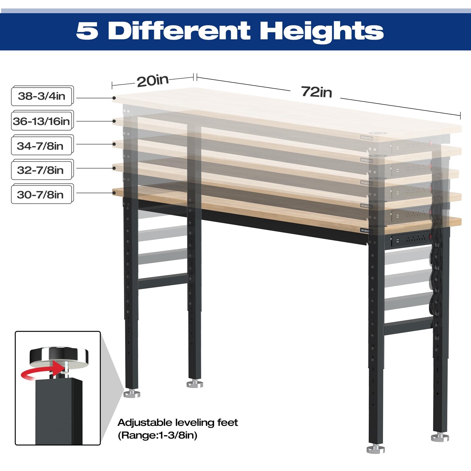 WORKPRO 72" Adjustable Workbench Garage Workbench Power Outlets 3000LBS Load MAX