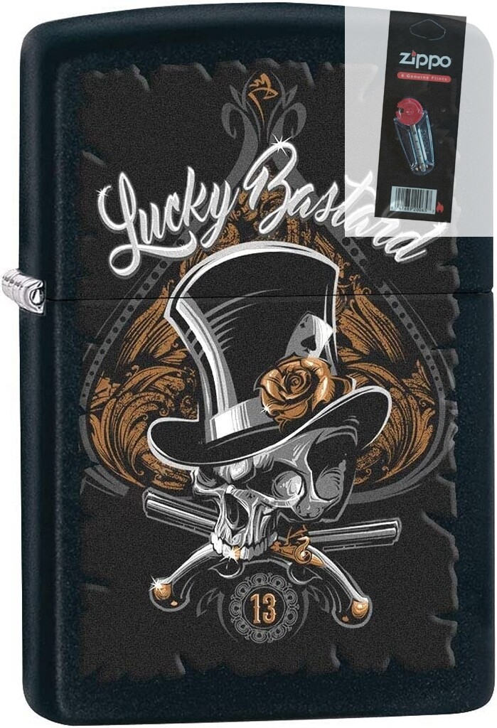 Zippo 02630 Lucky Bastard Skull Black Matte WindProof Lighter + FLINT PACK