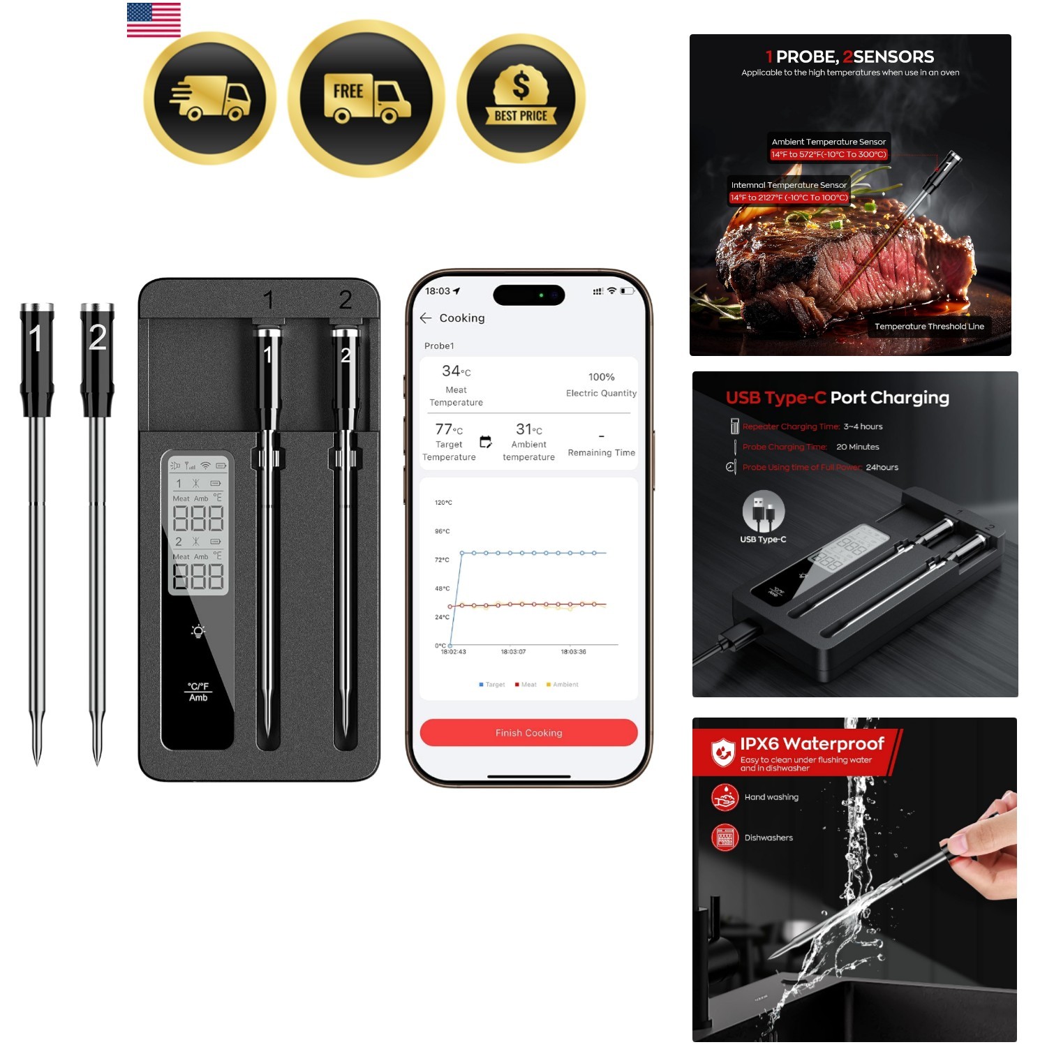 Smart Wireless Meat Thermometer with Dual Probes, Bluetooth & WiFi Combo, Rem...