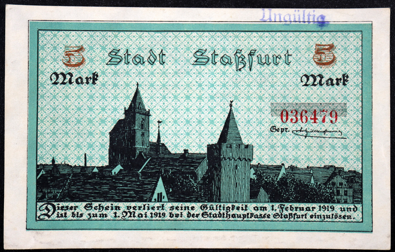 STASSFURT 1918 RARE Watermark 5 Mark Grossnotgeld German Notgeld Banknote