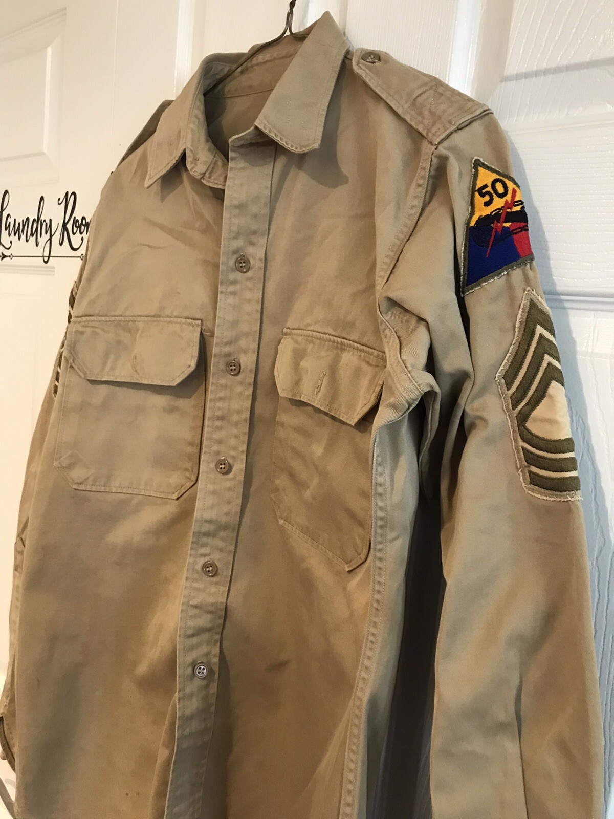 vtg 50th ARMORED DIVISION beige shirt military