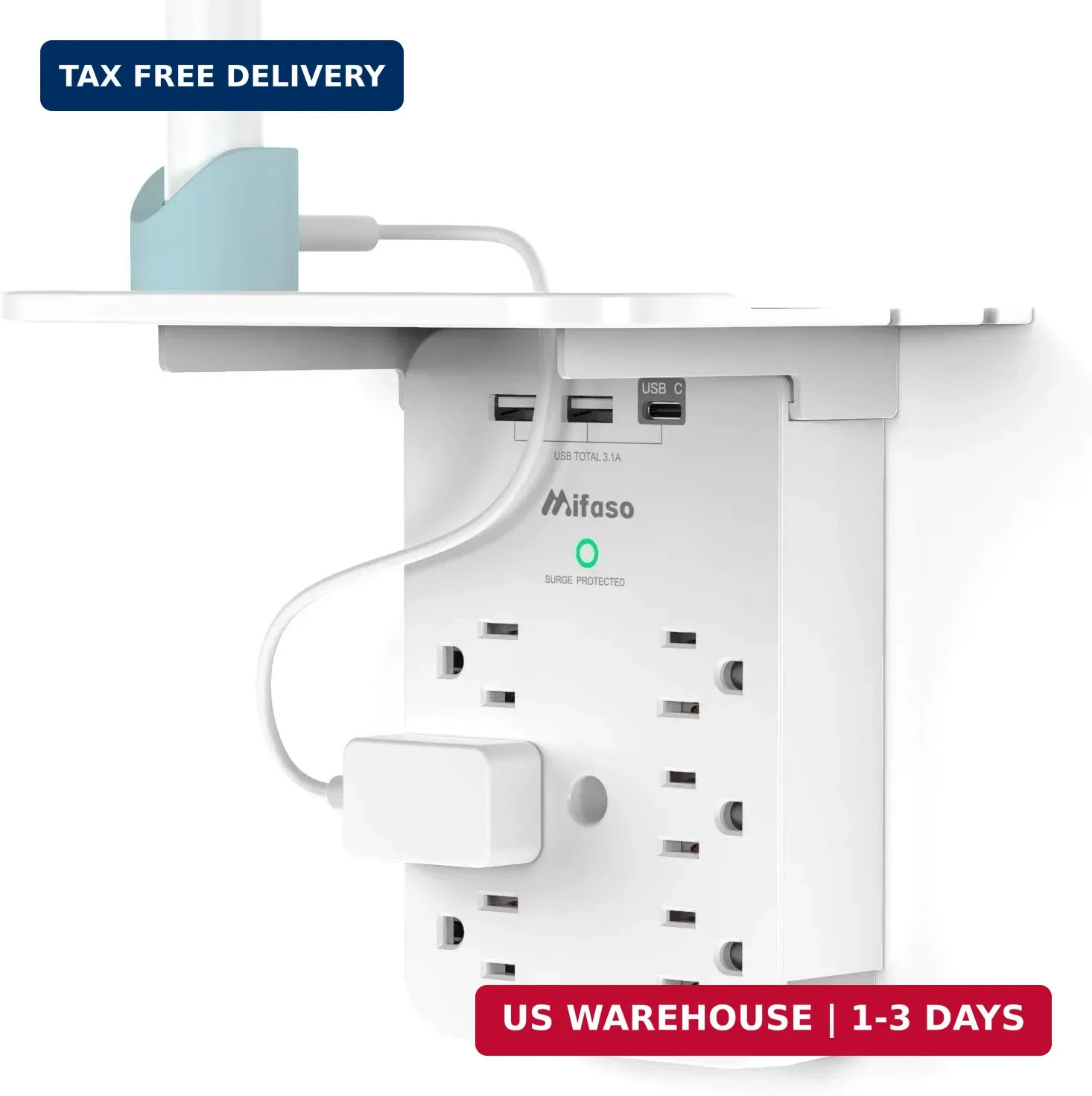 Wall Outlet Extender with Surge Protector, 6 AC Outlets, with Shelf | 2 USB A &