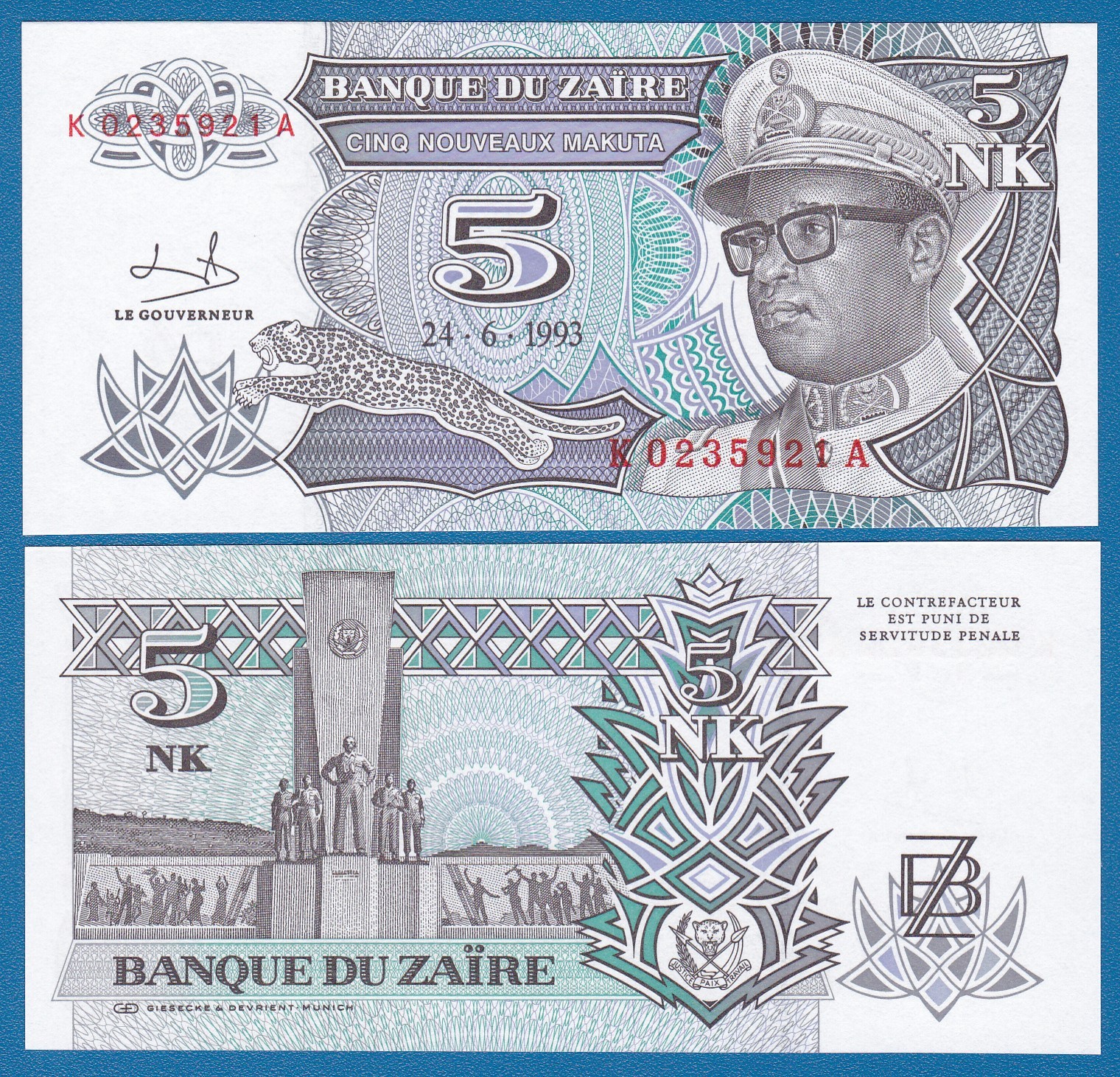 Zaire 5 Nouveaux Makuta P 48 a 1993 UNC (P-48a)