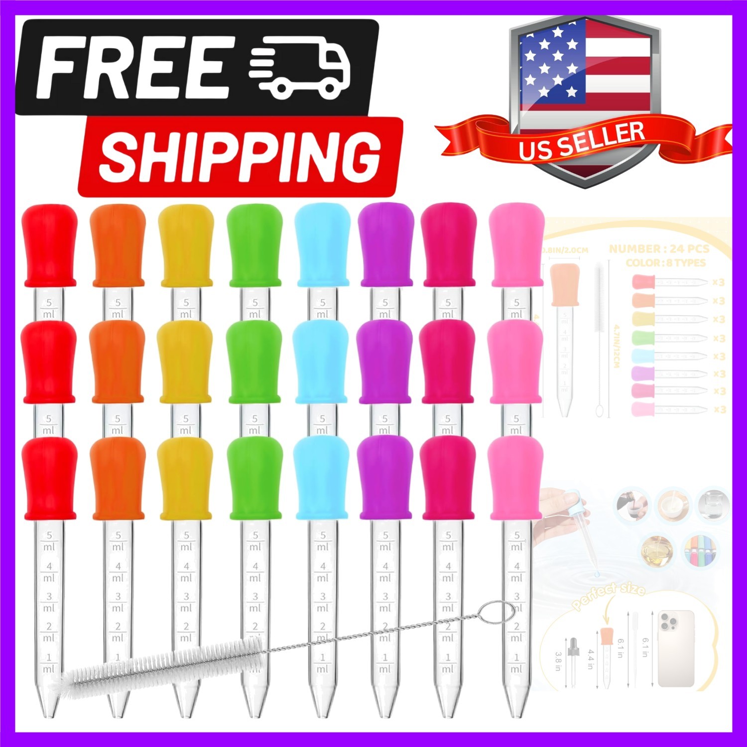 24 Pack Liquid Droppers with a Clean Brush, 5ML 8 Colors Silicone and Plastic...
