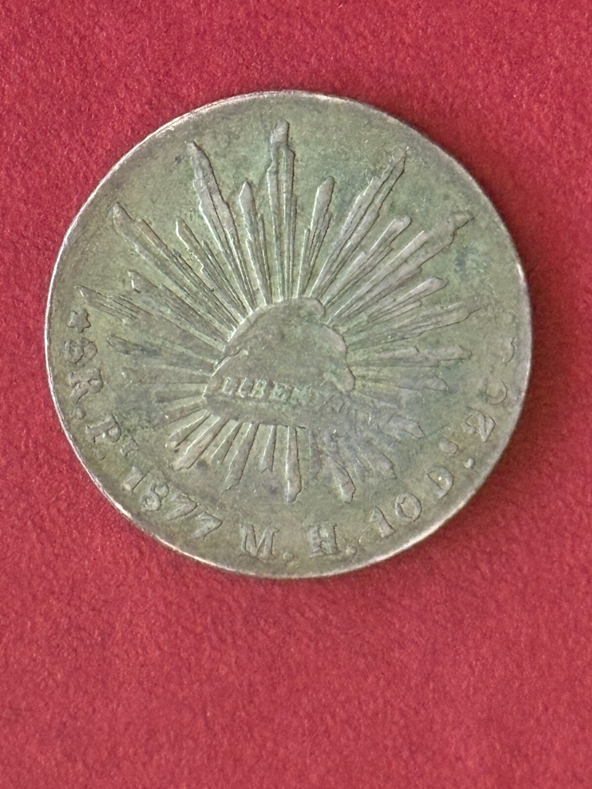 1877 Pi Mexico 8 Reales KM#377.10 — Full Rim, Silver Patina, XF Details