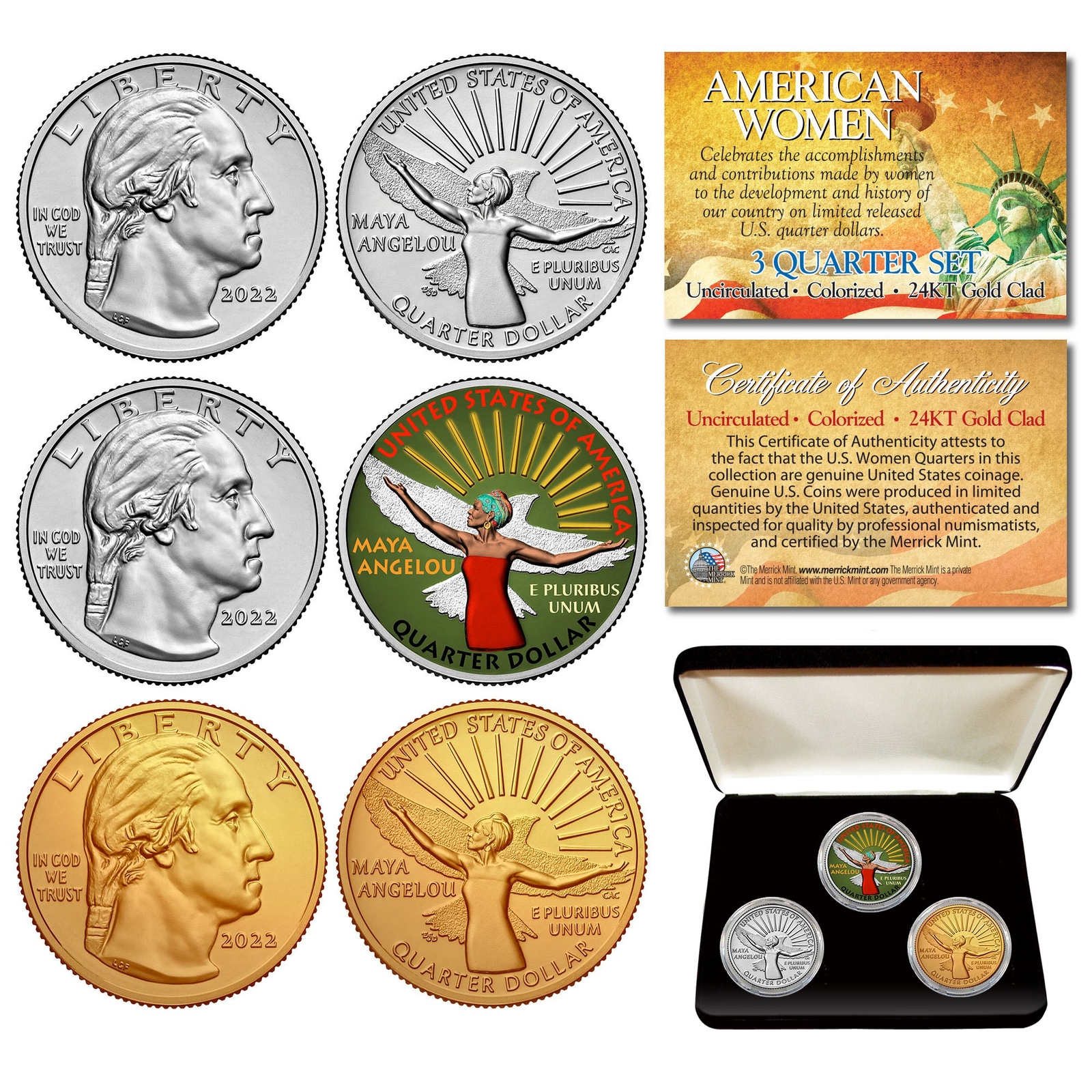 MAYA ANGELOU 3-Coin Set 2022 American Women Quarters with BOX - Color Gold UNC