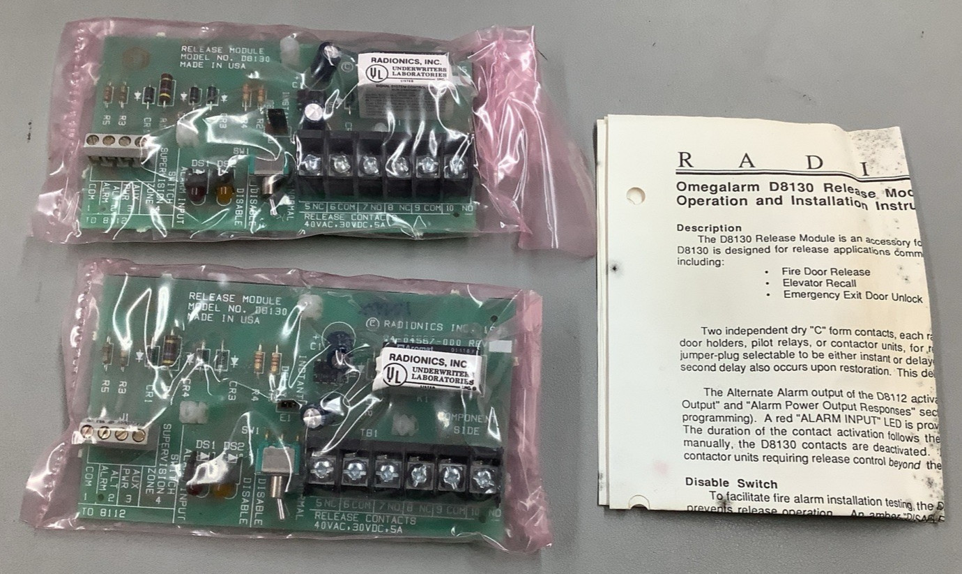 Lot of 2 Radionics Omegalarm D8130 Door Release Modules for Fire Systems (B592)