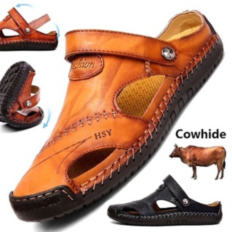 Mens Casual Leather Sandals Summer Closed Toe Fisherman Beach Slippers Size