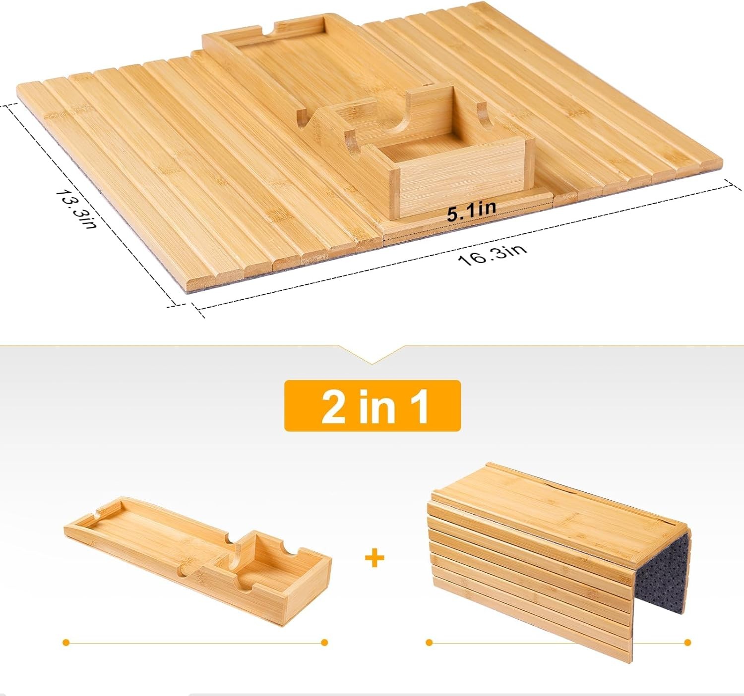Bamboo Sofa Armrest Tray Couch Arm Tray W/ Detachable Couch Cup Holder 2 in 1