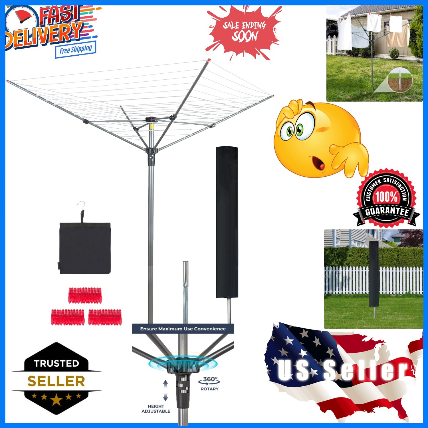 Umbrella Clothesline Outdoor Drying Rack, 164 Feet Rotary Clothes Drying Rack...