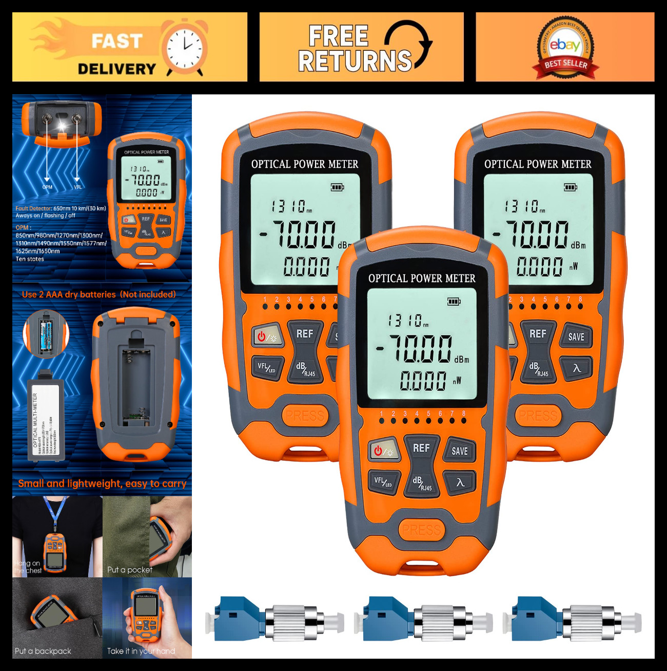 3-Pack Portable Fiber Optic Tester Power Meter -70 to +10dBm, 10Km Fault Detecto