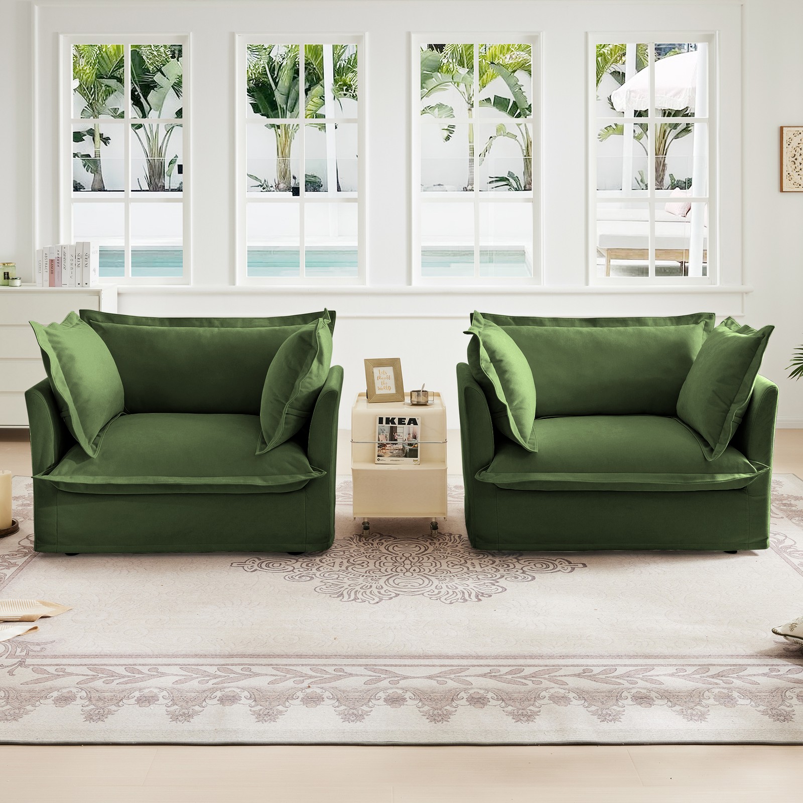 Green Chenille Accent Armchair Set of 2 w/ Deep Seat & Pillows for Living Room
