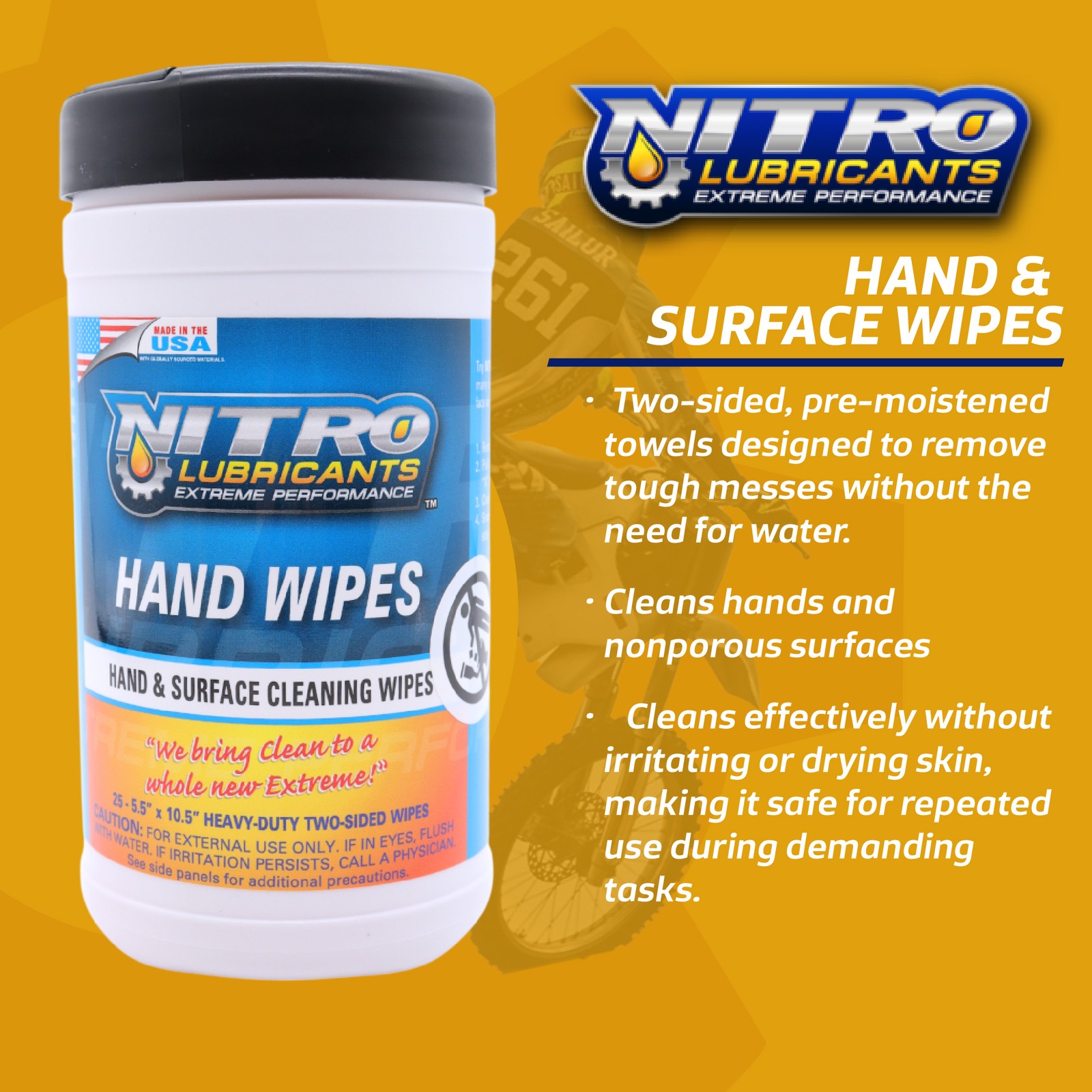 Nitro Lubricants Hand & Surface Cleaning Wipes – Heavy Duty, 25 Count (2-Pack)