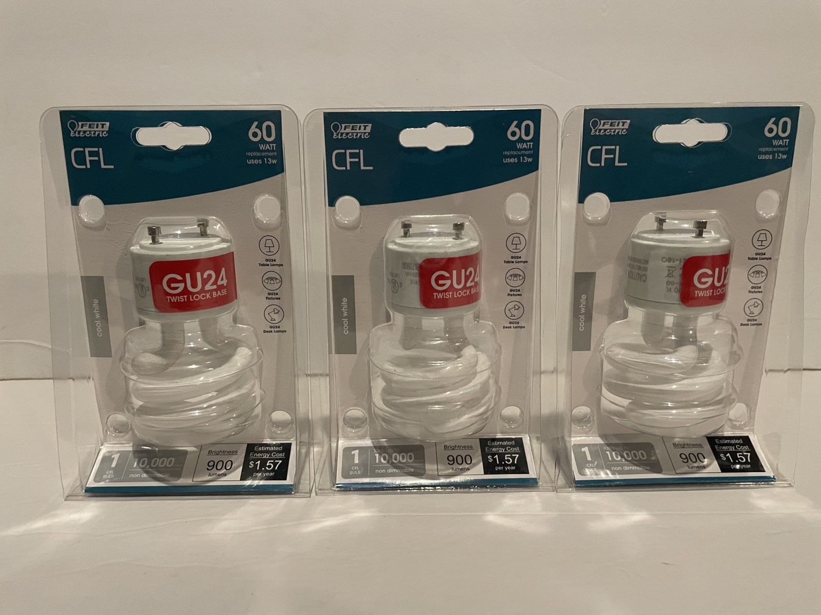 Feit 13W Twist GU24 Light, 60W Equivalent, Cool White Lot of 3 up to 10,000 hrs