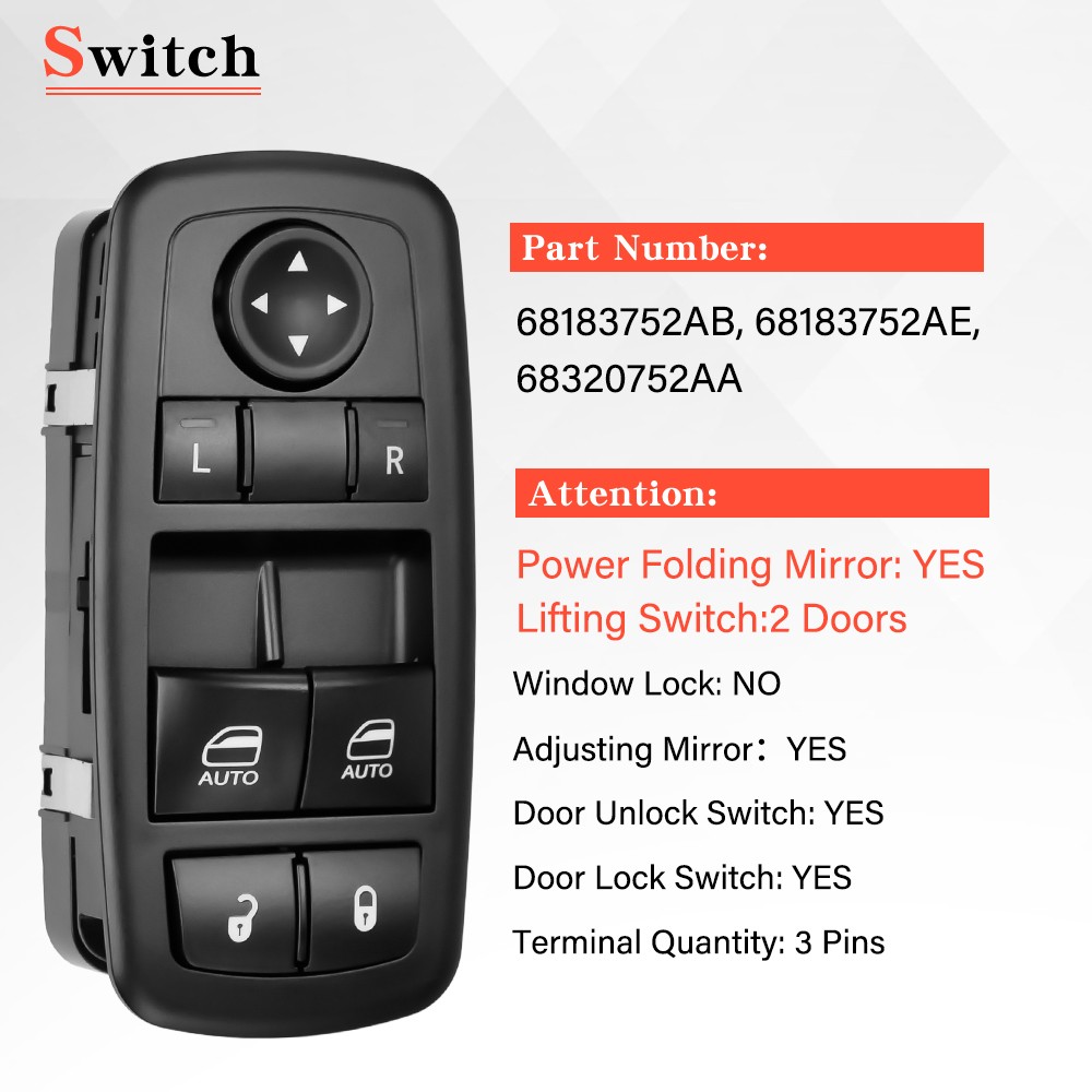 For 2015-2022 Dodge Challenger Front Left Master Power Window Switch 68183752AB